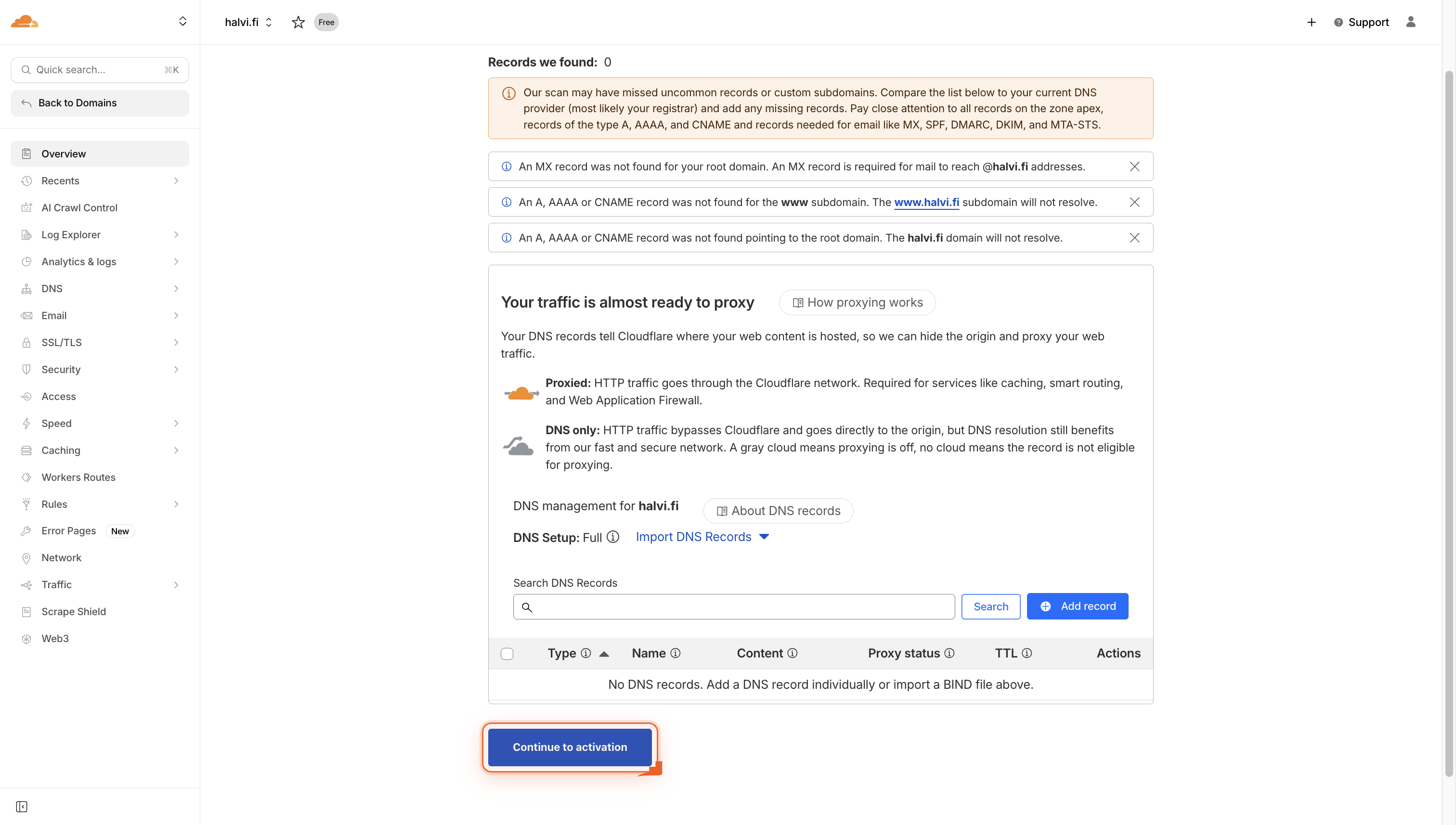 A screen showing DNS scan results and a Continue to activation button.