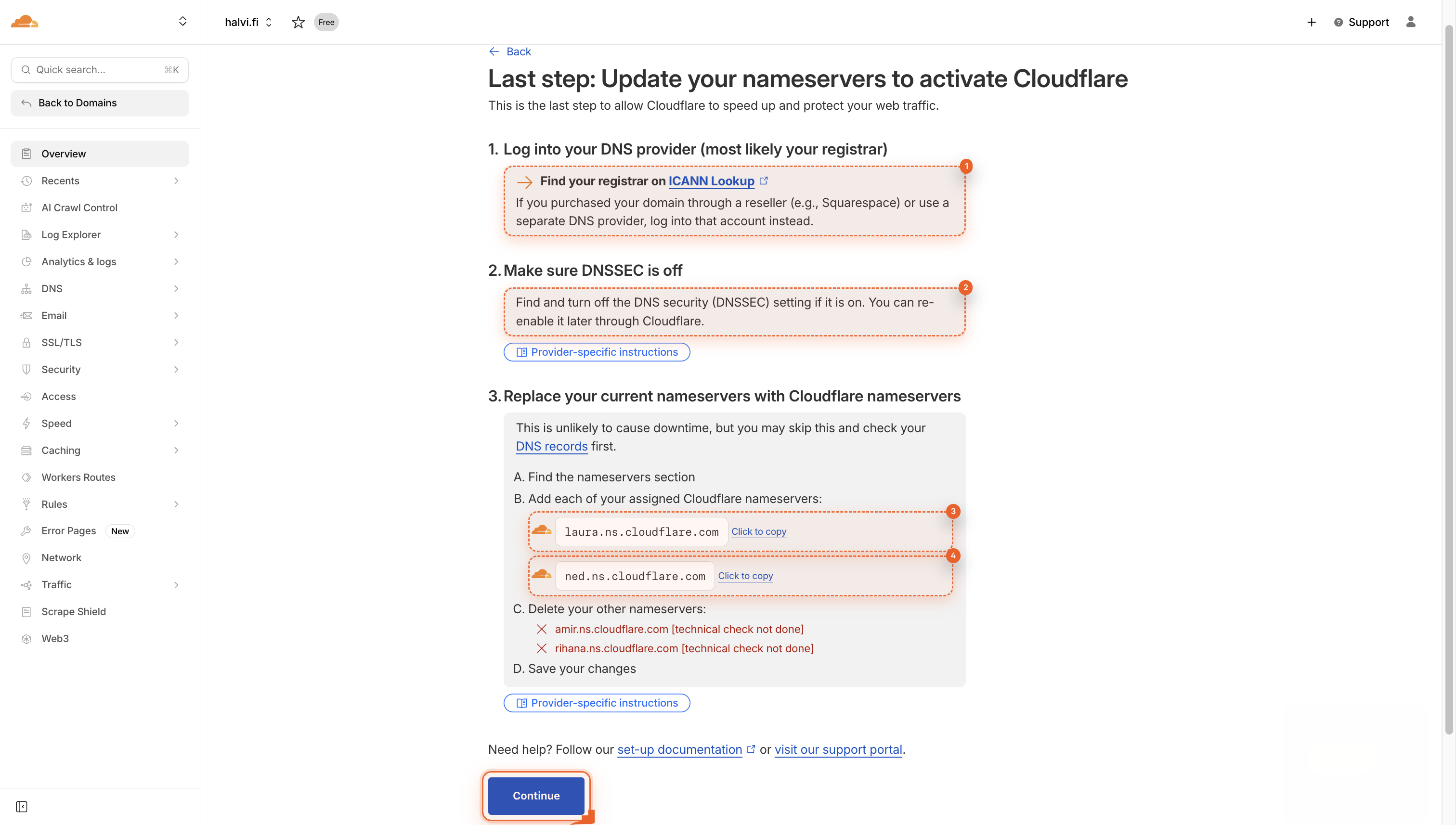 A Cloudflare dashboard page shows instructions for updating nameservers.