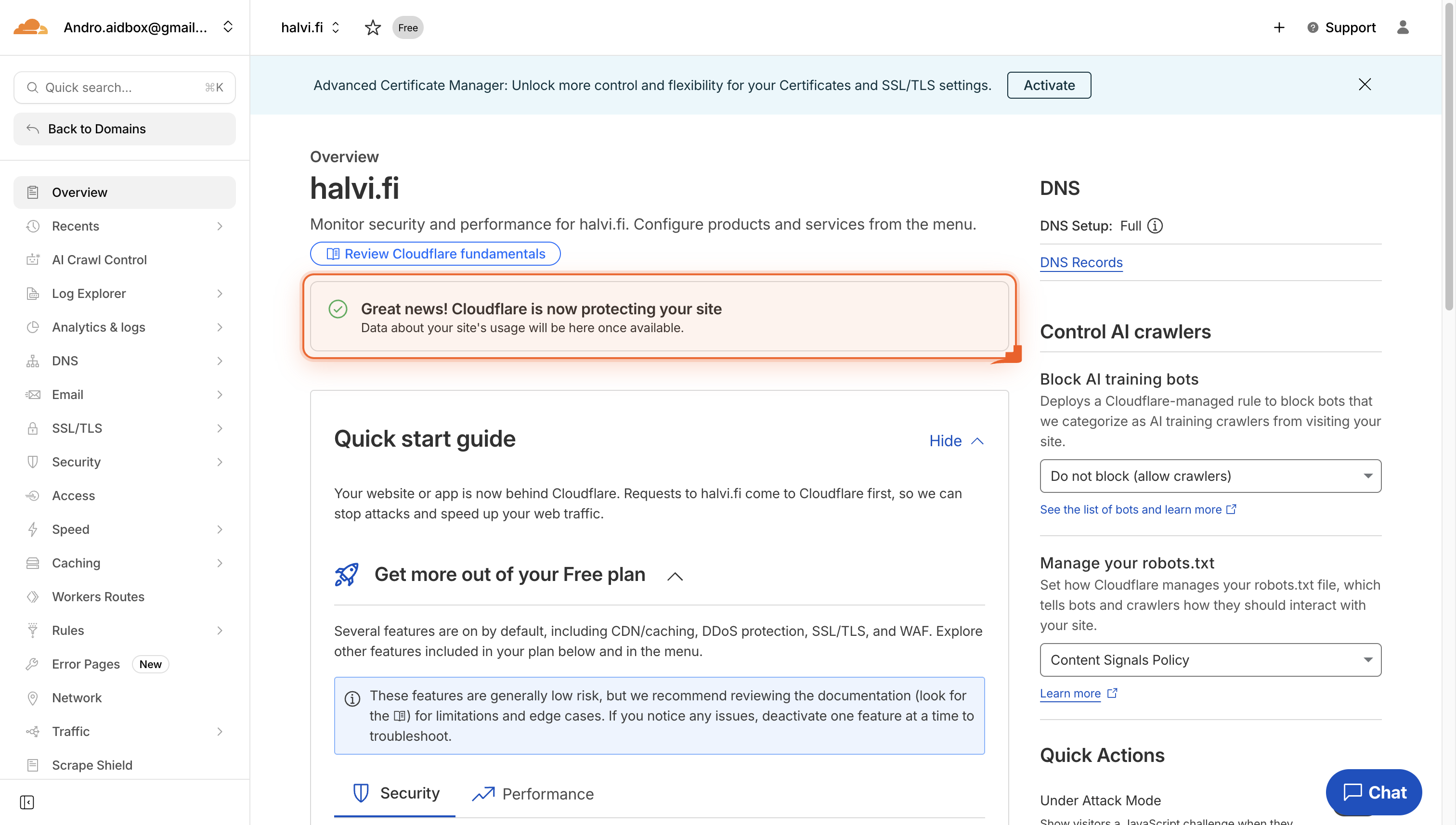 A confirmation message shows that Cloudflare is protecting the site.