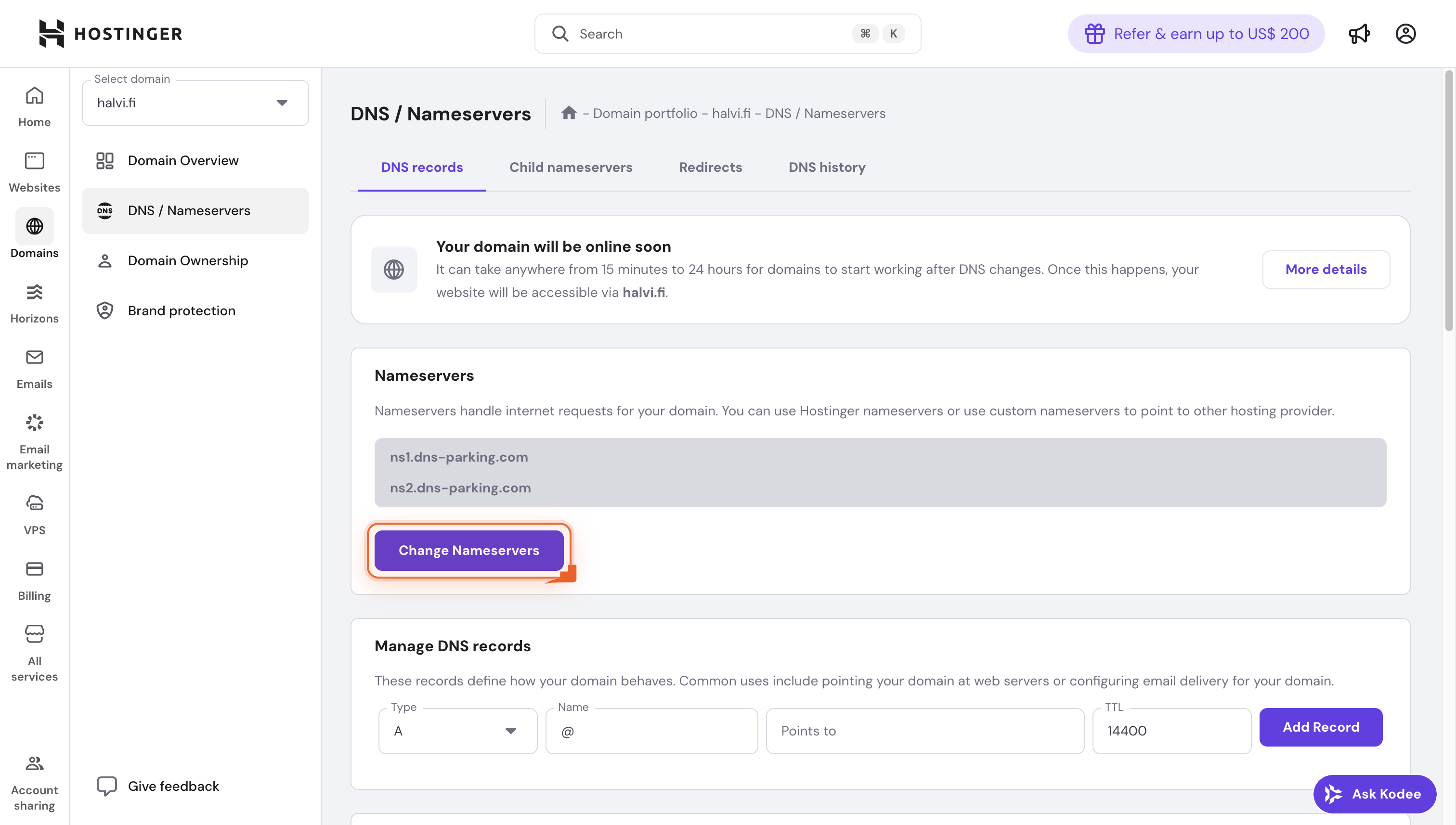 DNS records page with a blue Change Nameservers button.