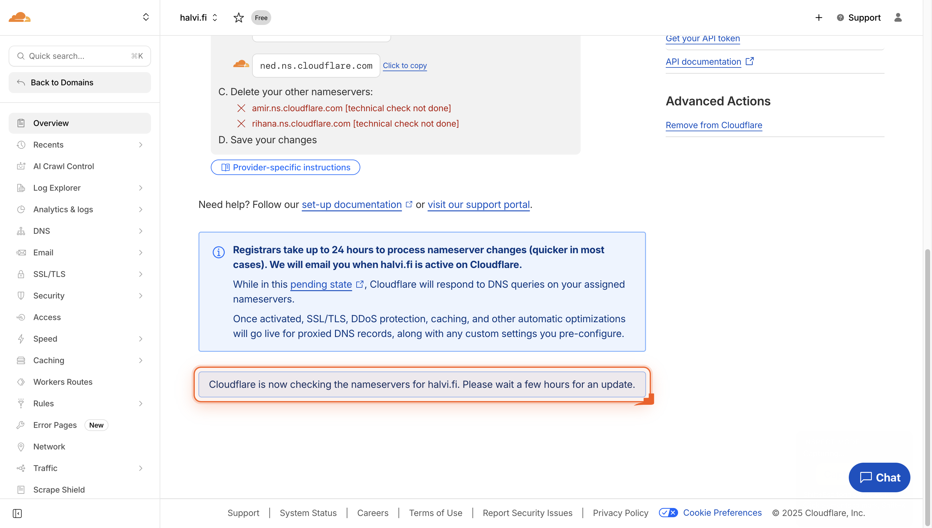A screen shows a message that Cloudflare is checking the nameservers for halvi.fi.