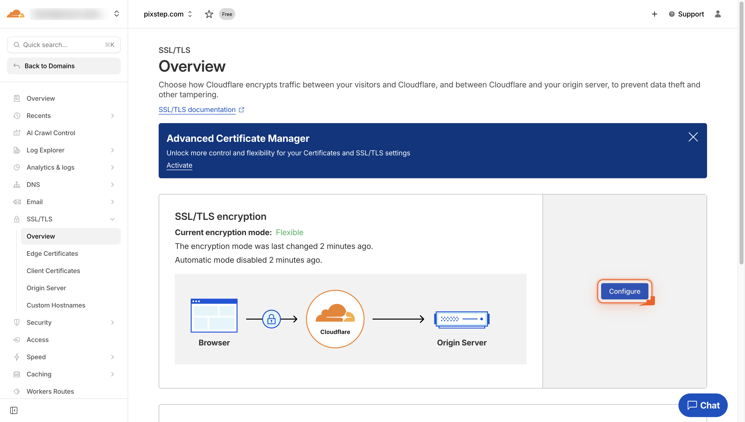 Screenshot of the SSL/TLS page with the Configure link highlighted.