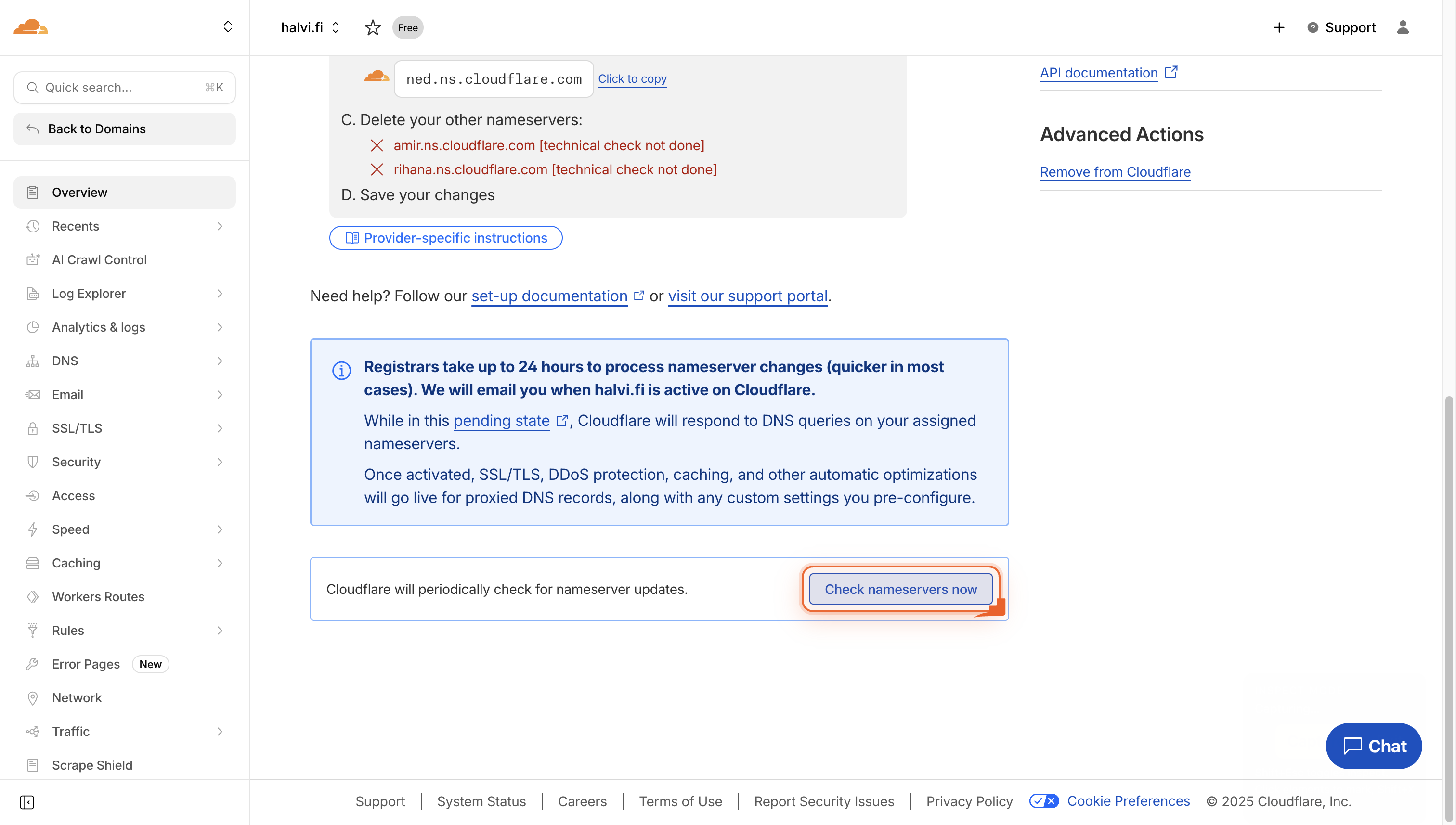 A webpage shows a button labeled 'Check nameservers now'.