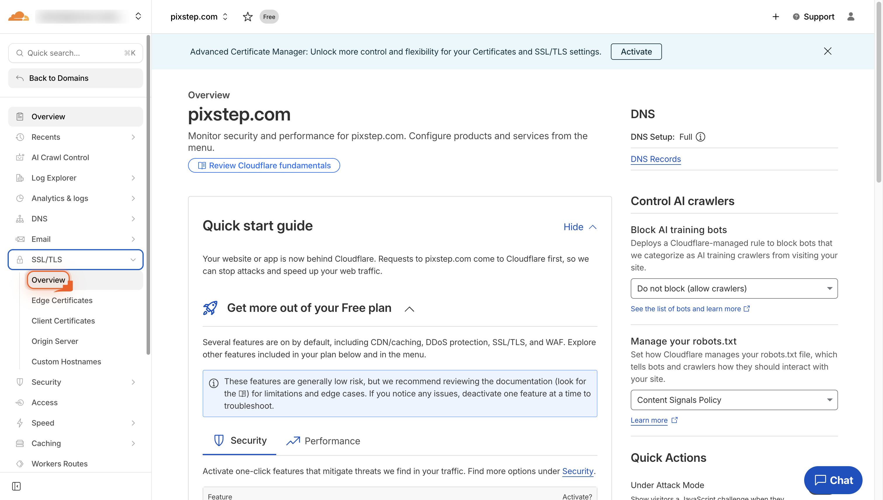 Screenshot of the Cloudflare dashboard with the Overview tab highlighted.