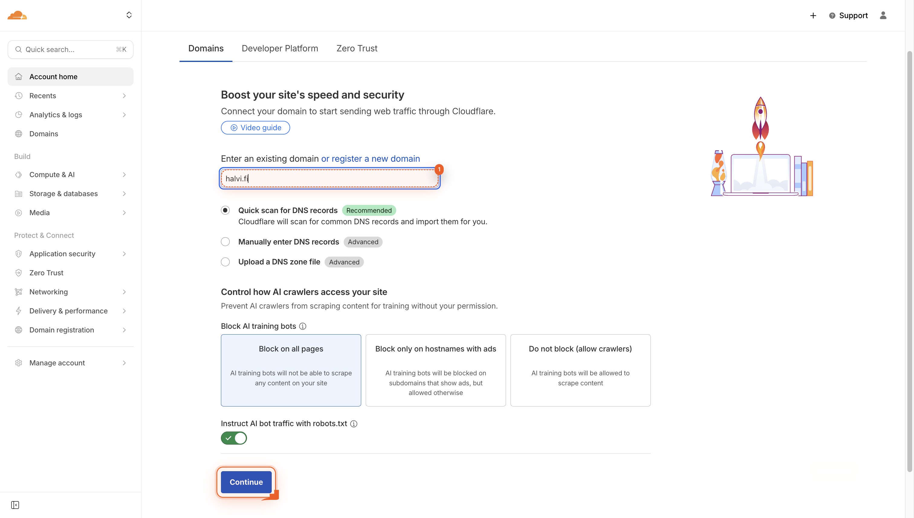 A form field shows 'halvi.fi' typed in and a Continue button is visible.