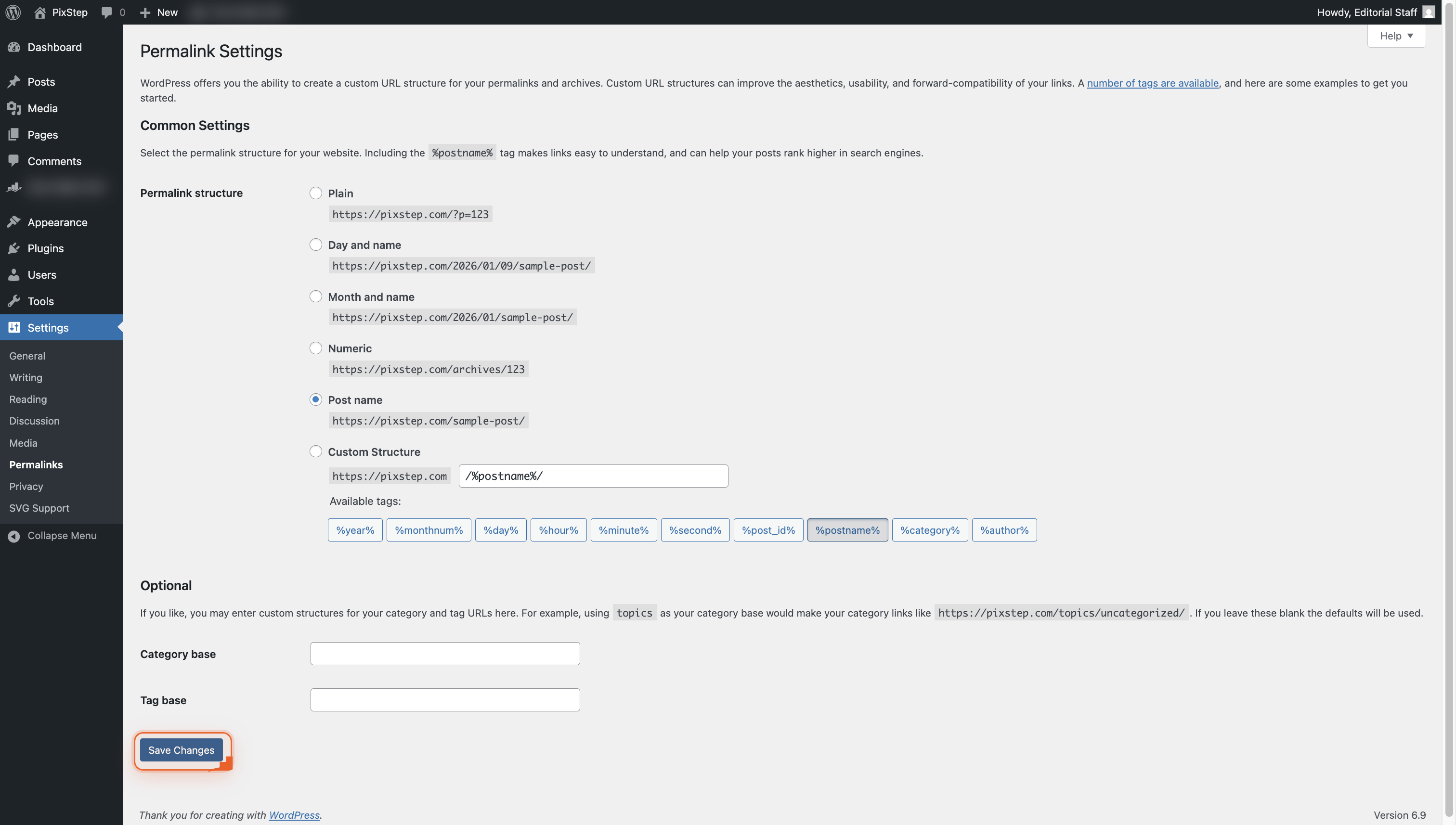 The Permalink Settings page with the Save Changes button highlighted.