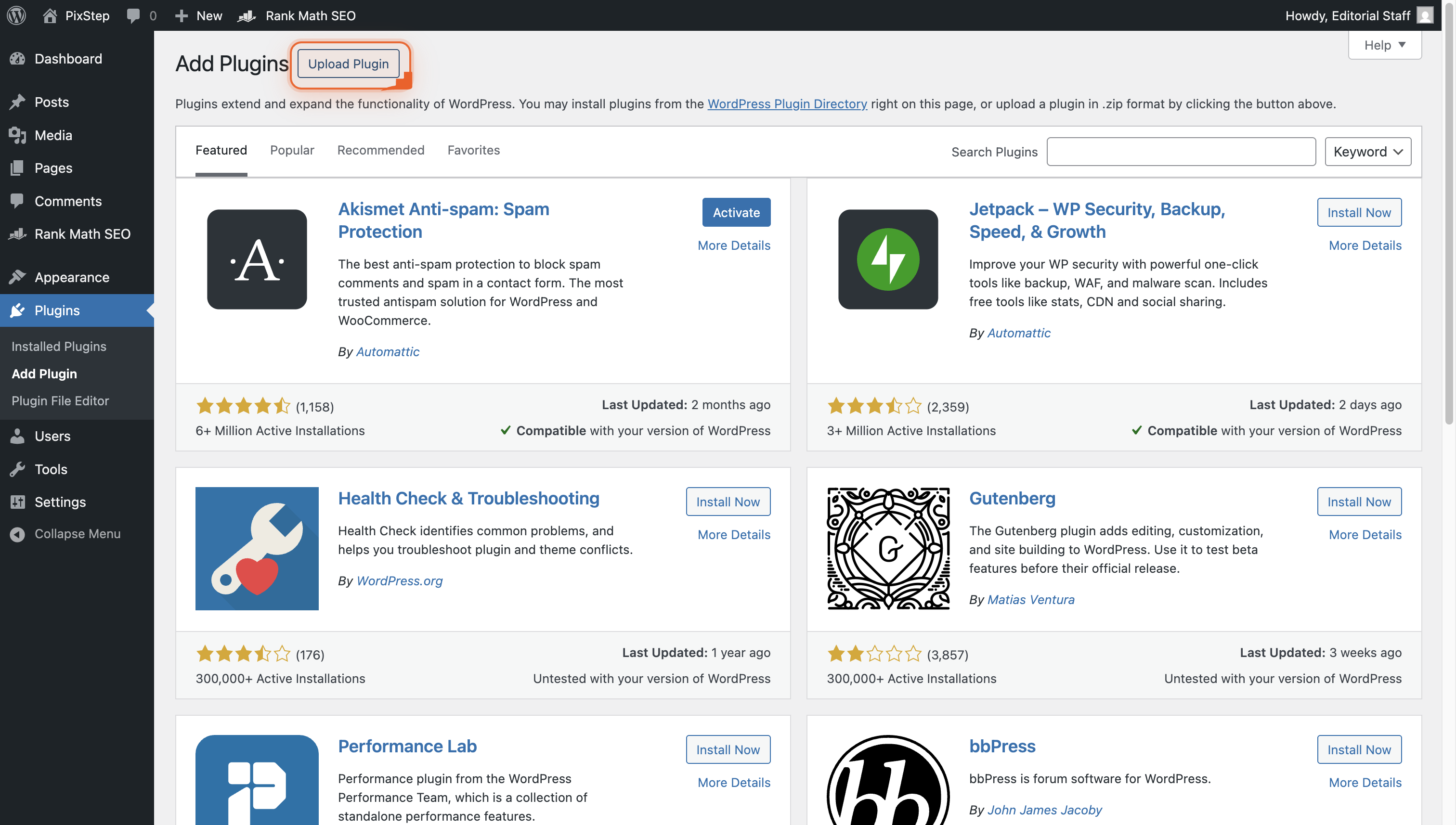 WordPress Add Plugins page with Upload Plugin button visible at top.