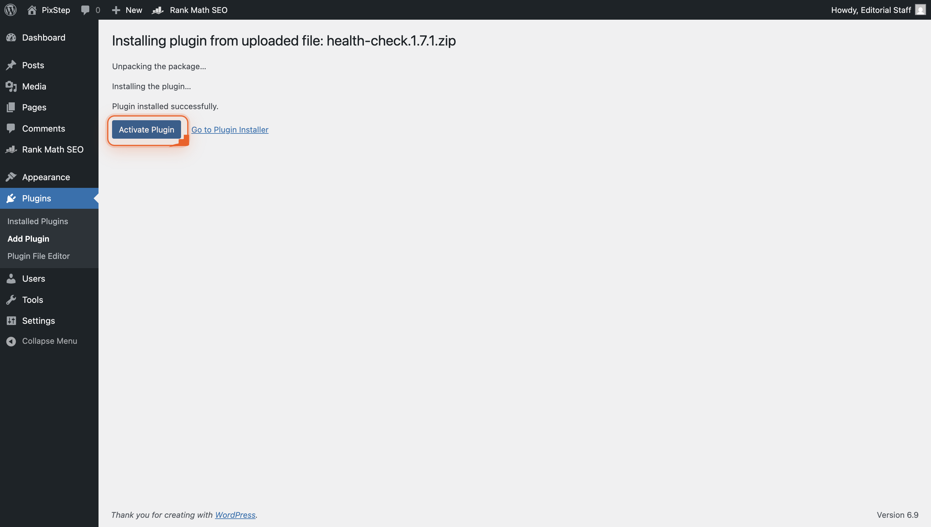 WordPress screen showing the Activate Plugin link after a successful install.