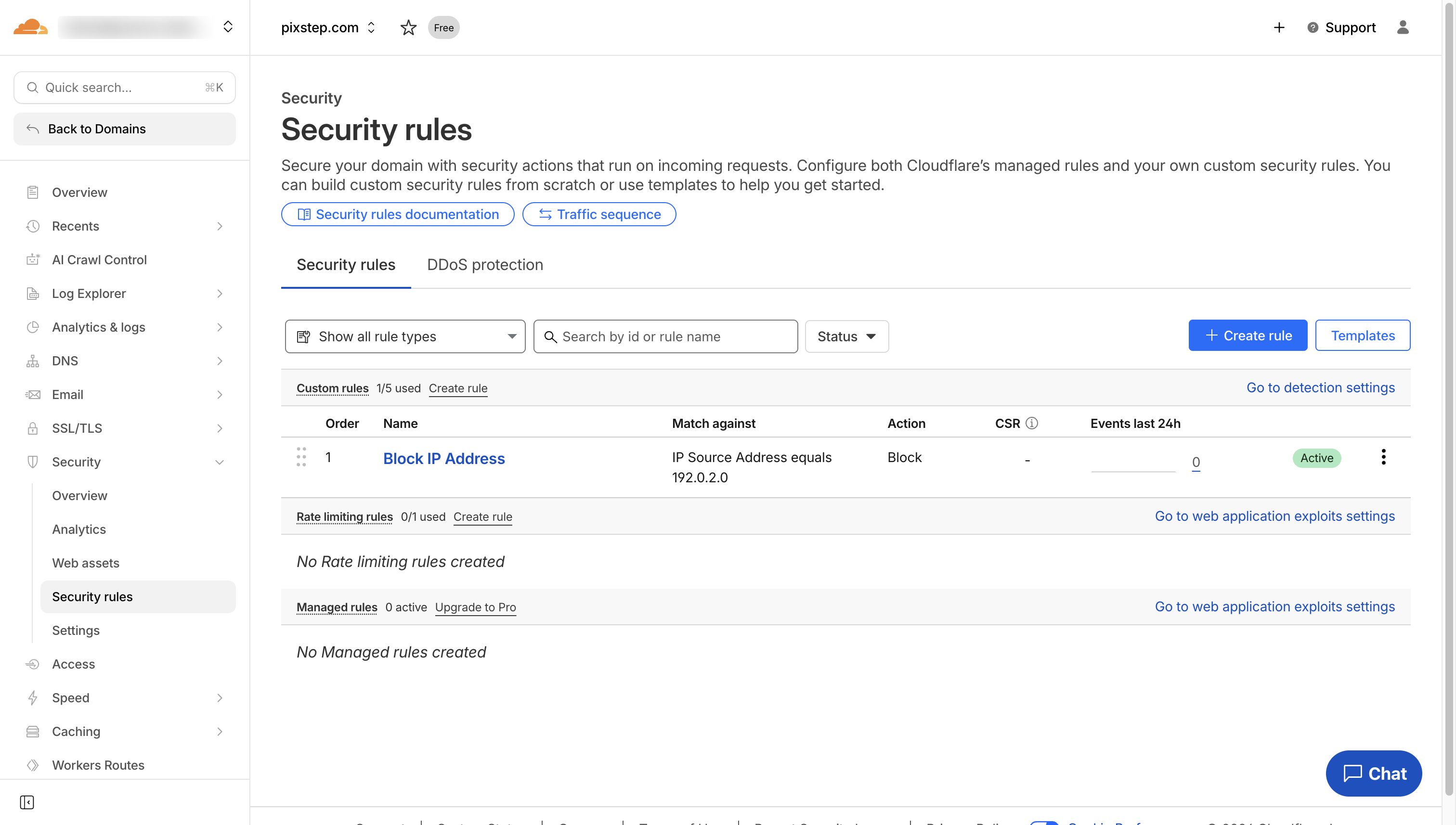 Cloudflare Security rules page for pixstep.com.