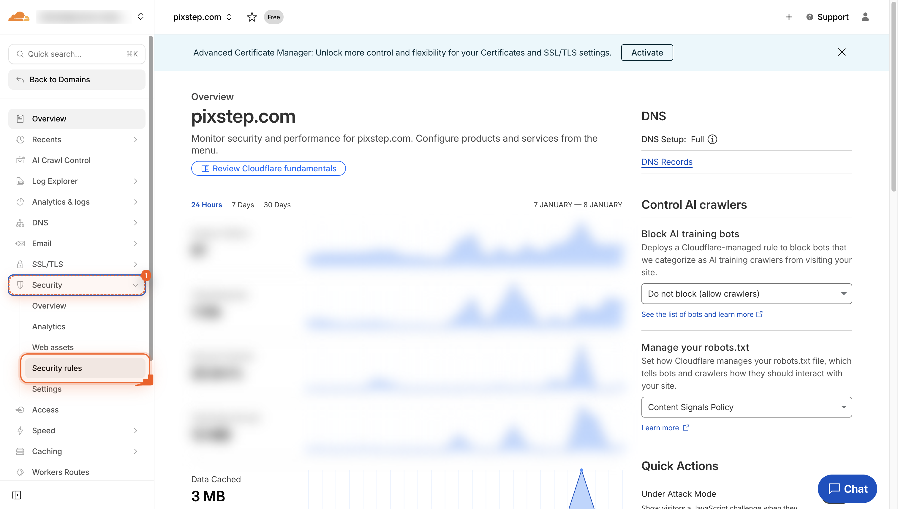 Cloudflare site dashboard with Security button highlighted in the sidebar.