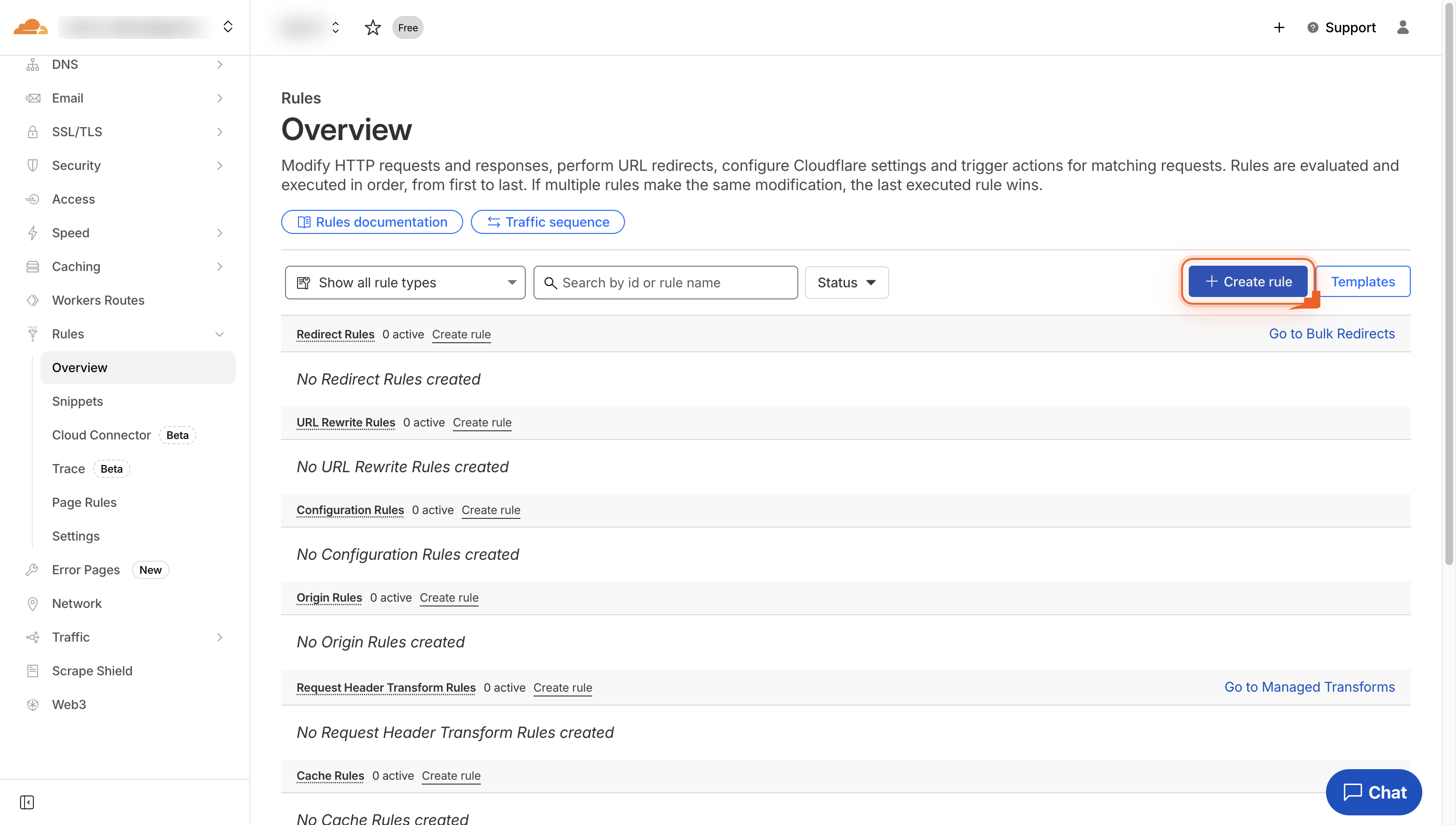 Screenshot shows the Create rule button on the Cloudflare rules overview page.