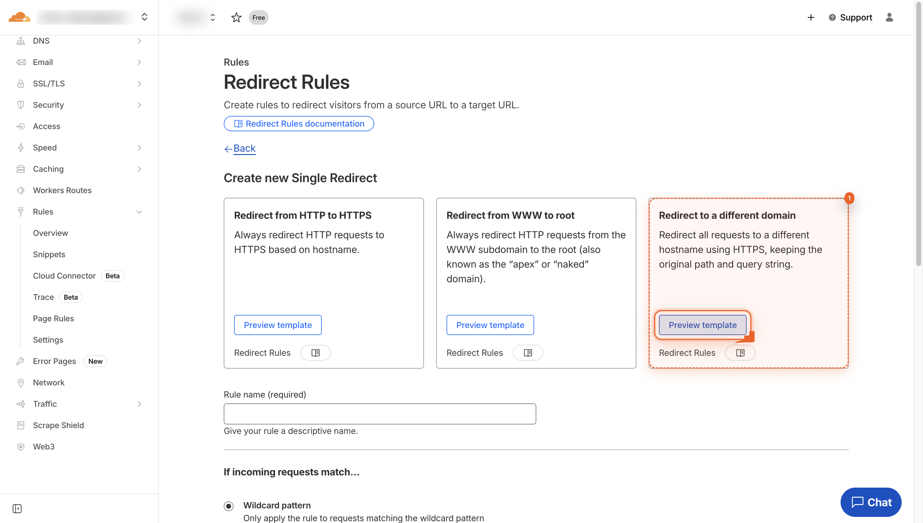 Template card labeled 'Redirect to a different domain' is highlighted.