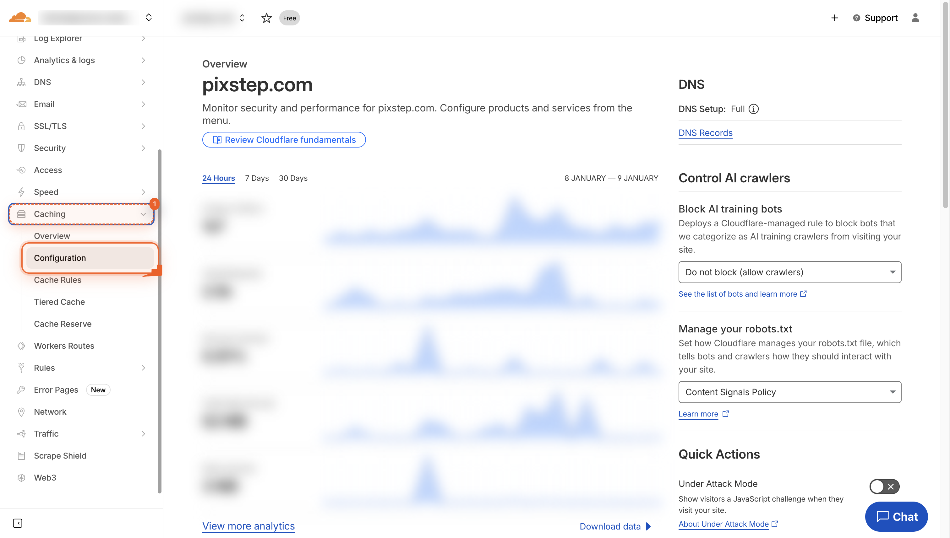Cloudflare dashboard sidebar with Caching button highlighted.