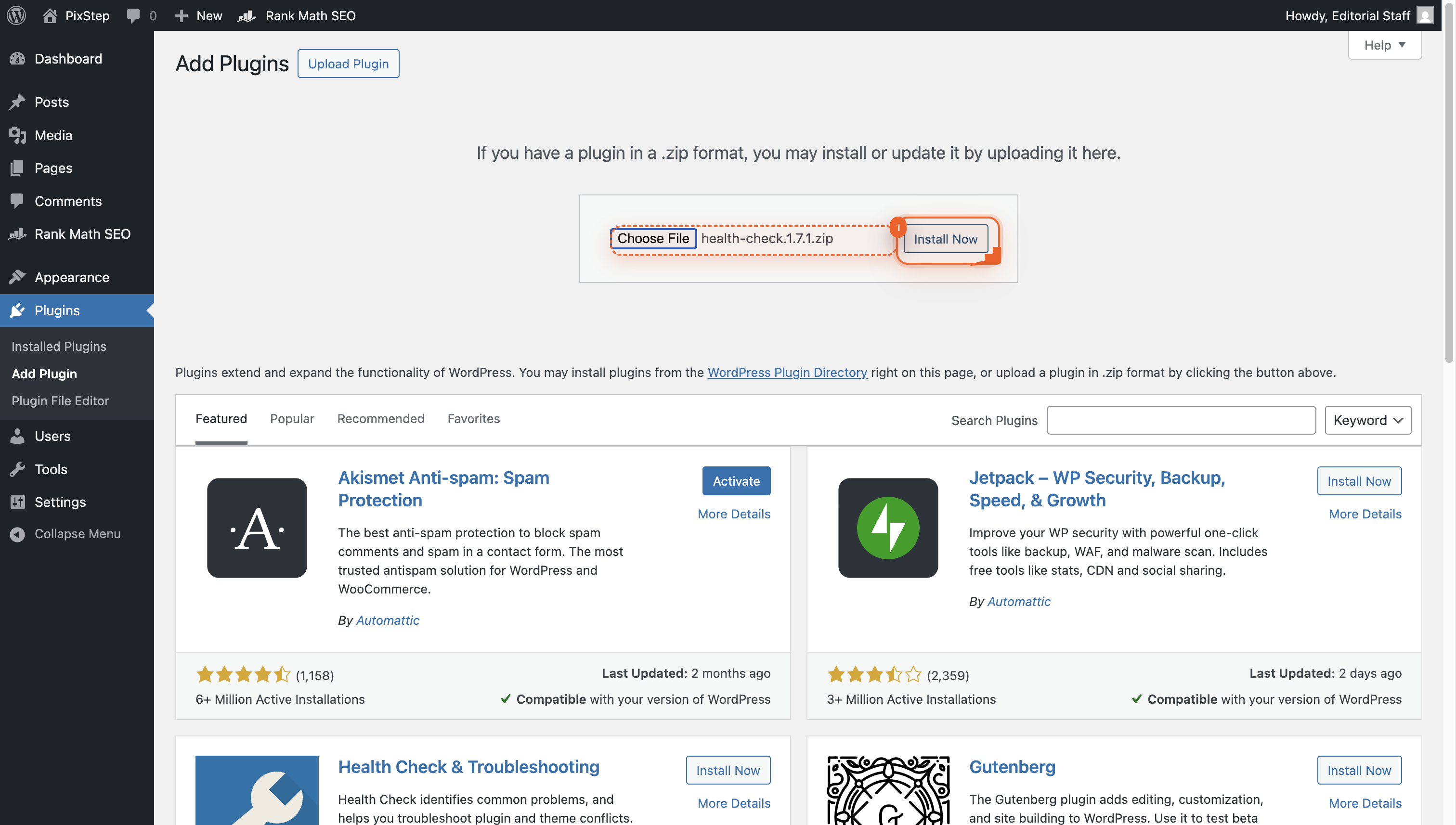 Install Now button next to the selected plugin zip file on the upload screen.