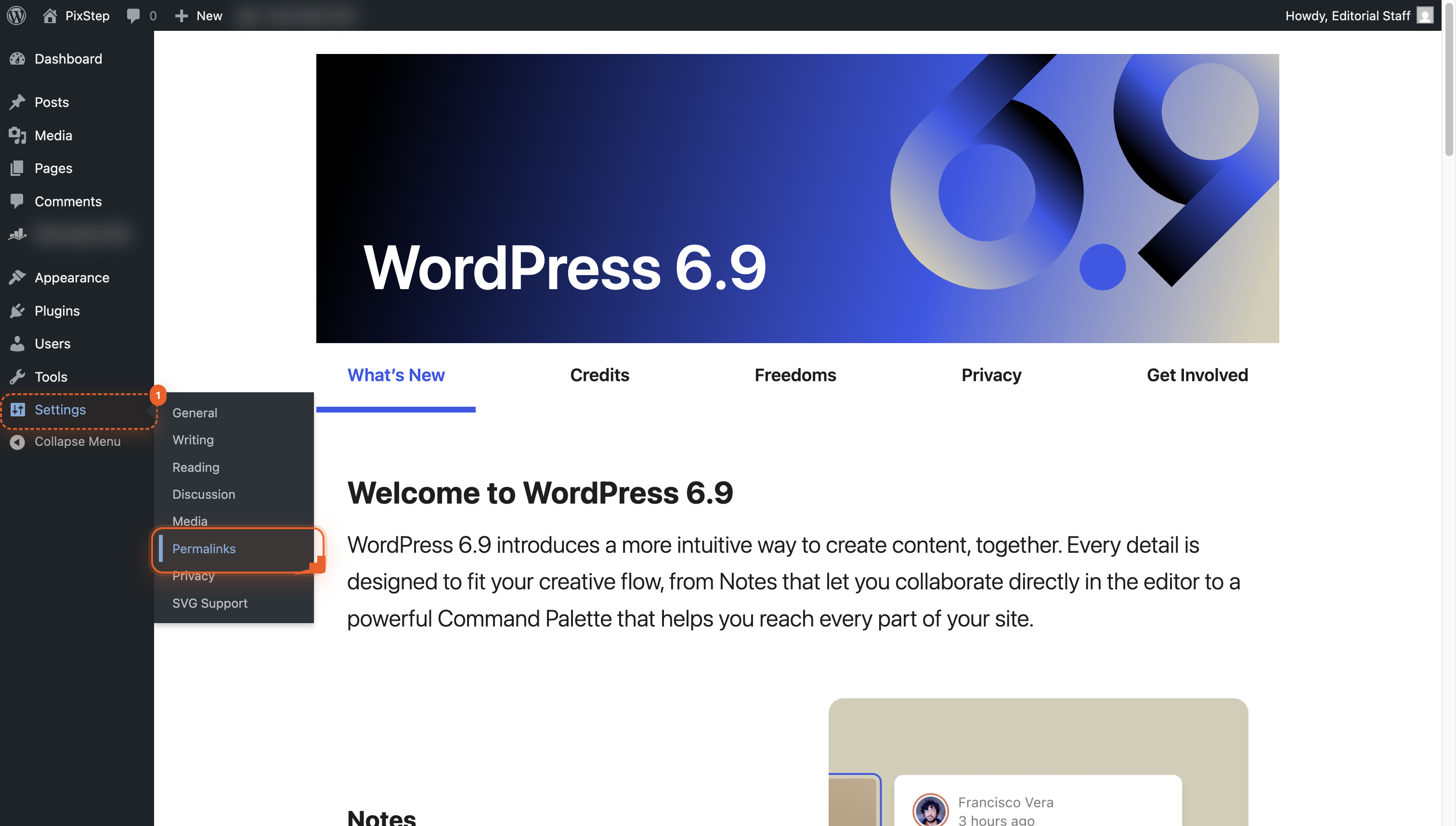 WordPress sidebar menu with Settings link highlighted.