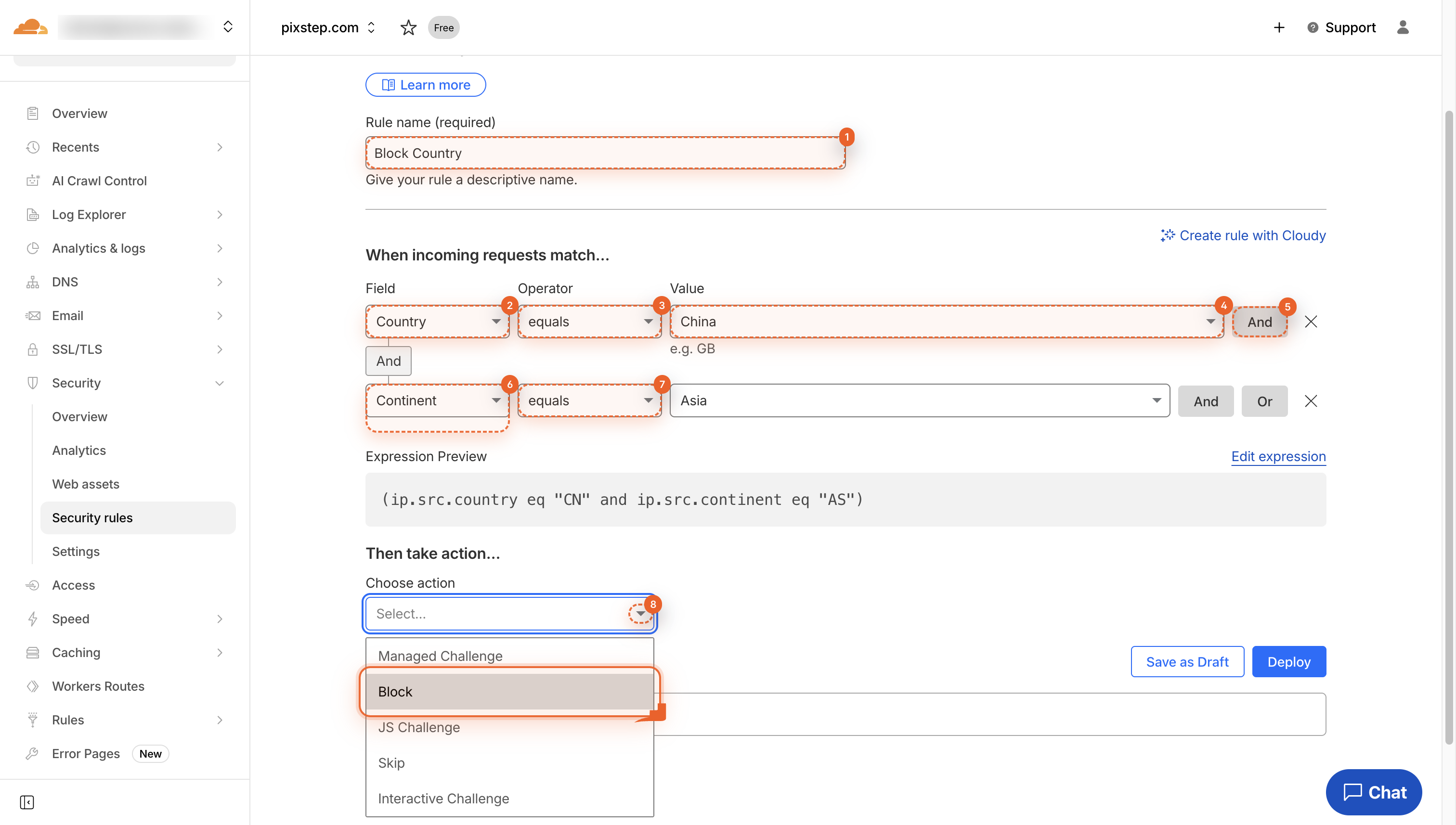 Form showing rule name field and two country-continent conditions.
