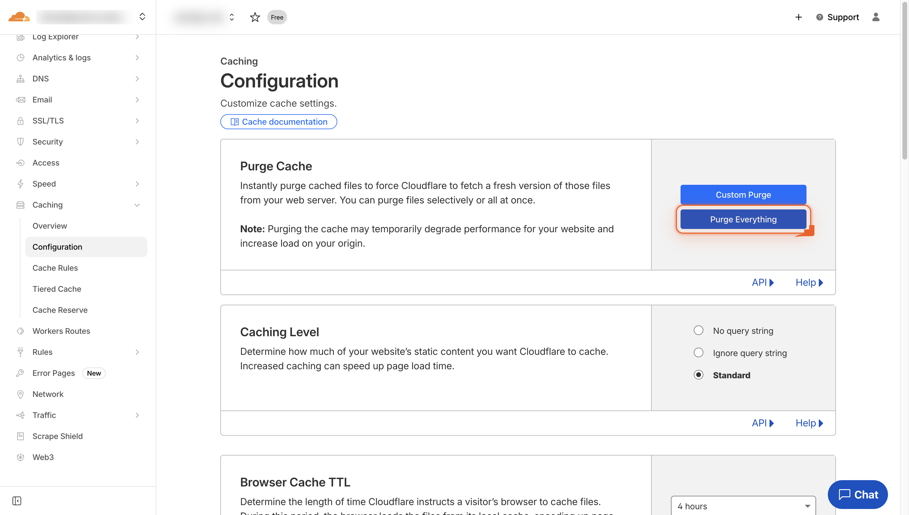Screenshot of the Purge Everything button in the Cloudflare caching settings.