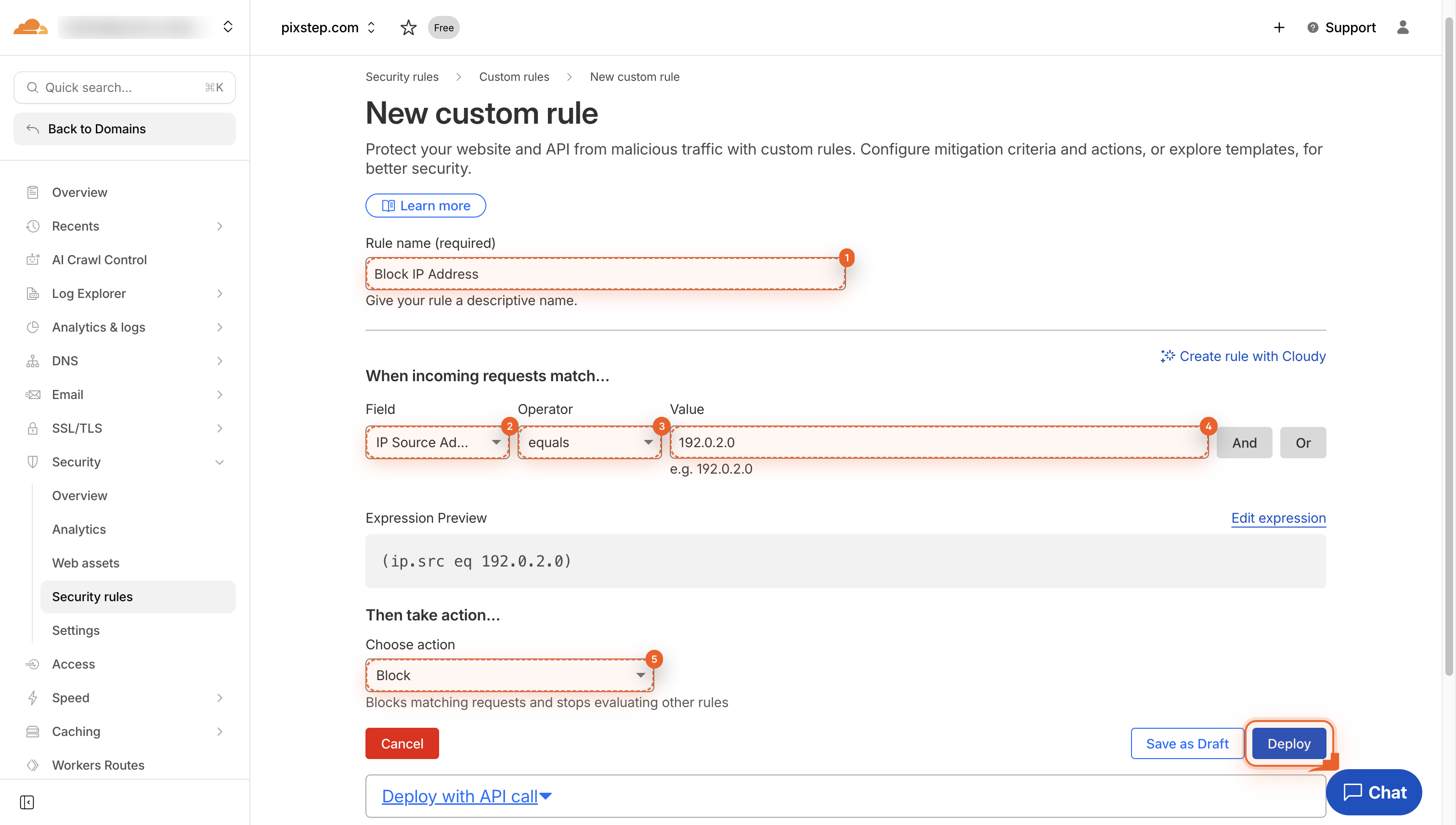 Create rule page with Deploy button at bottom.