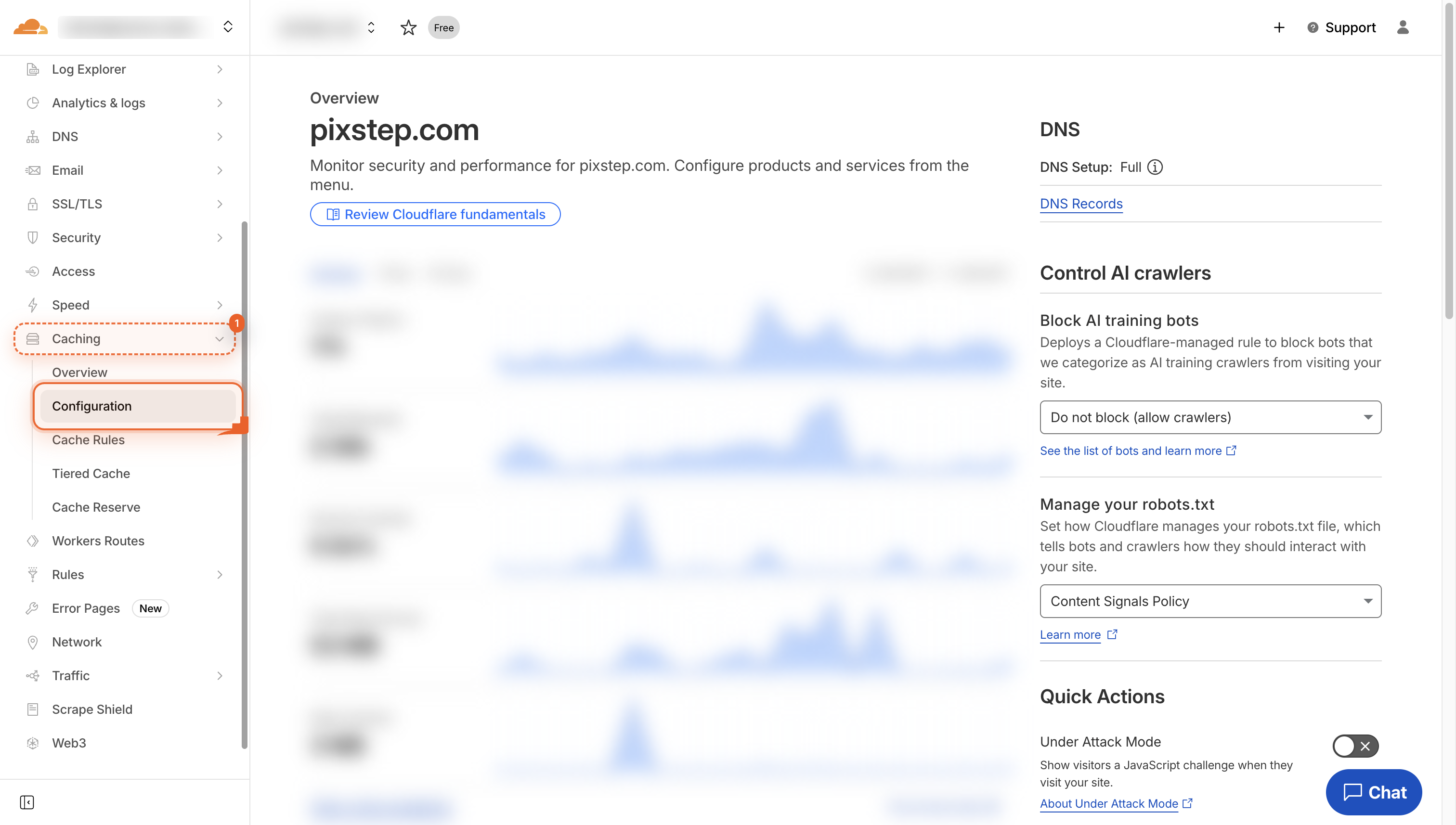Side menu with Caching button highlighted.