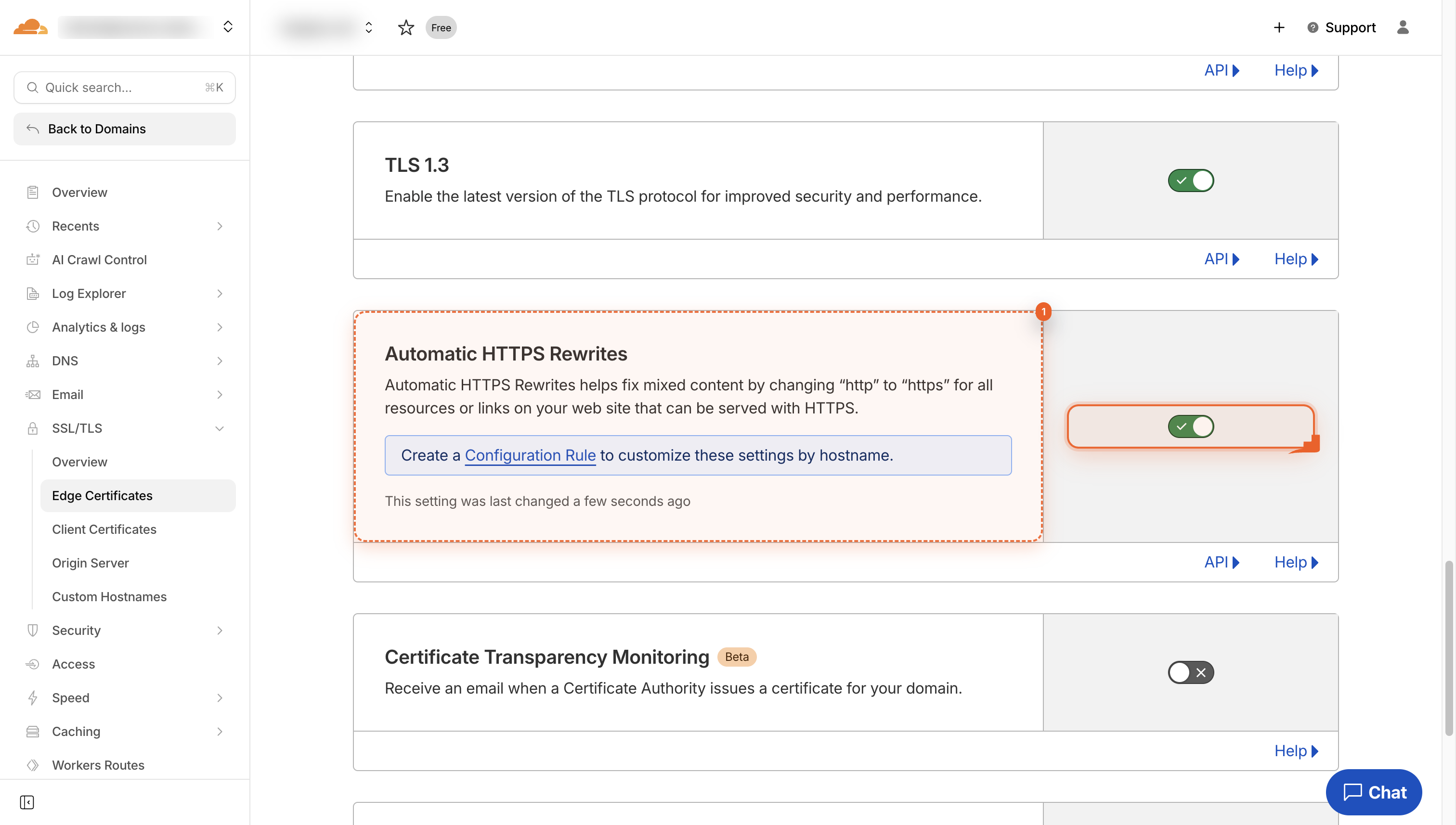 The Automatic HTTPS Rewrites card is highlighted on the Edge Certificates page.