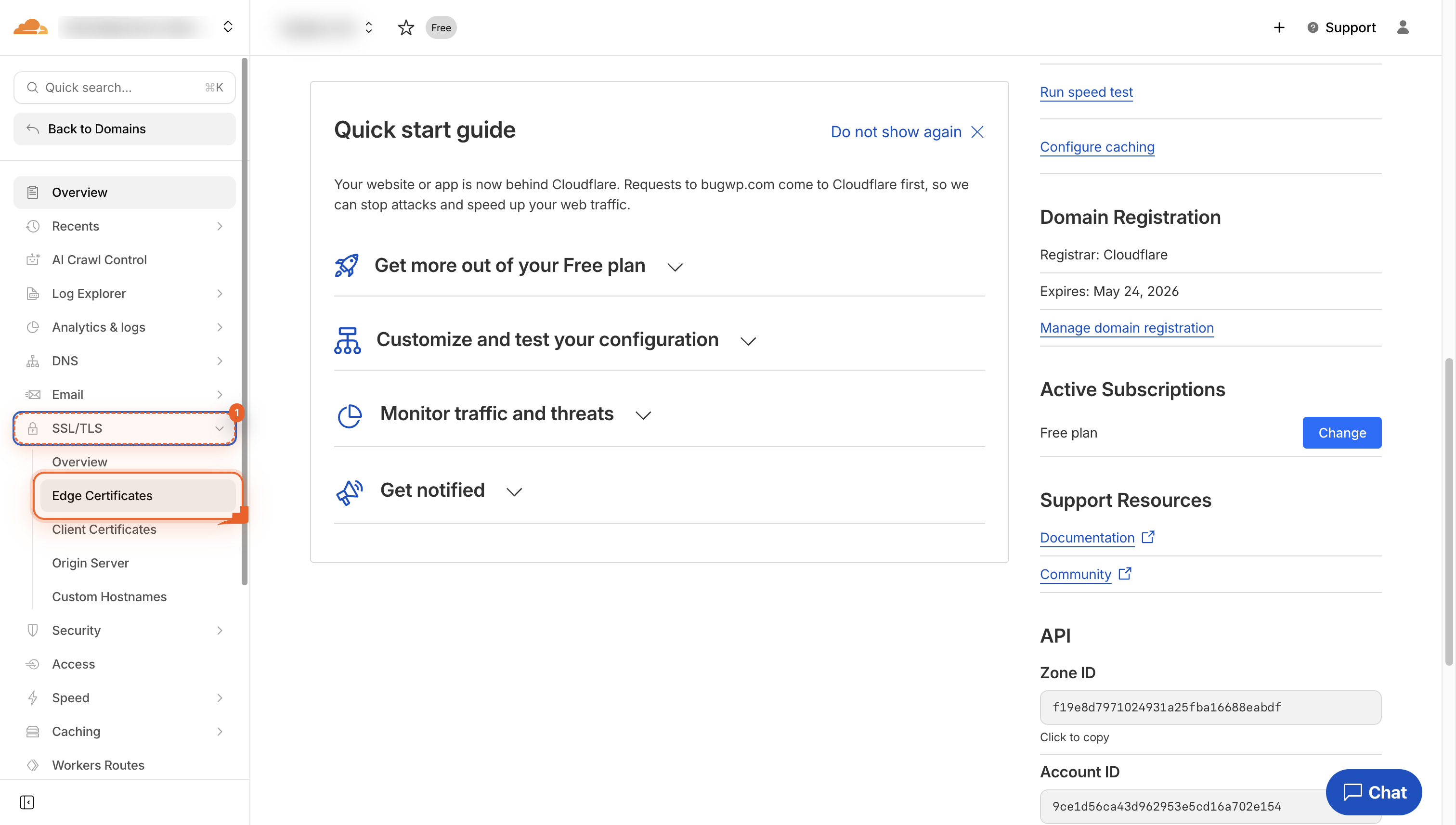 Cloudflare dashboard sidebar with SSL/TLS menu expanded and Edge Certificates link visible.