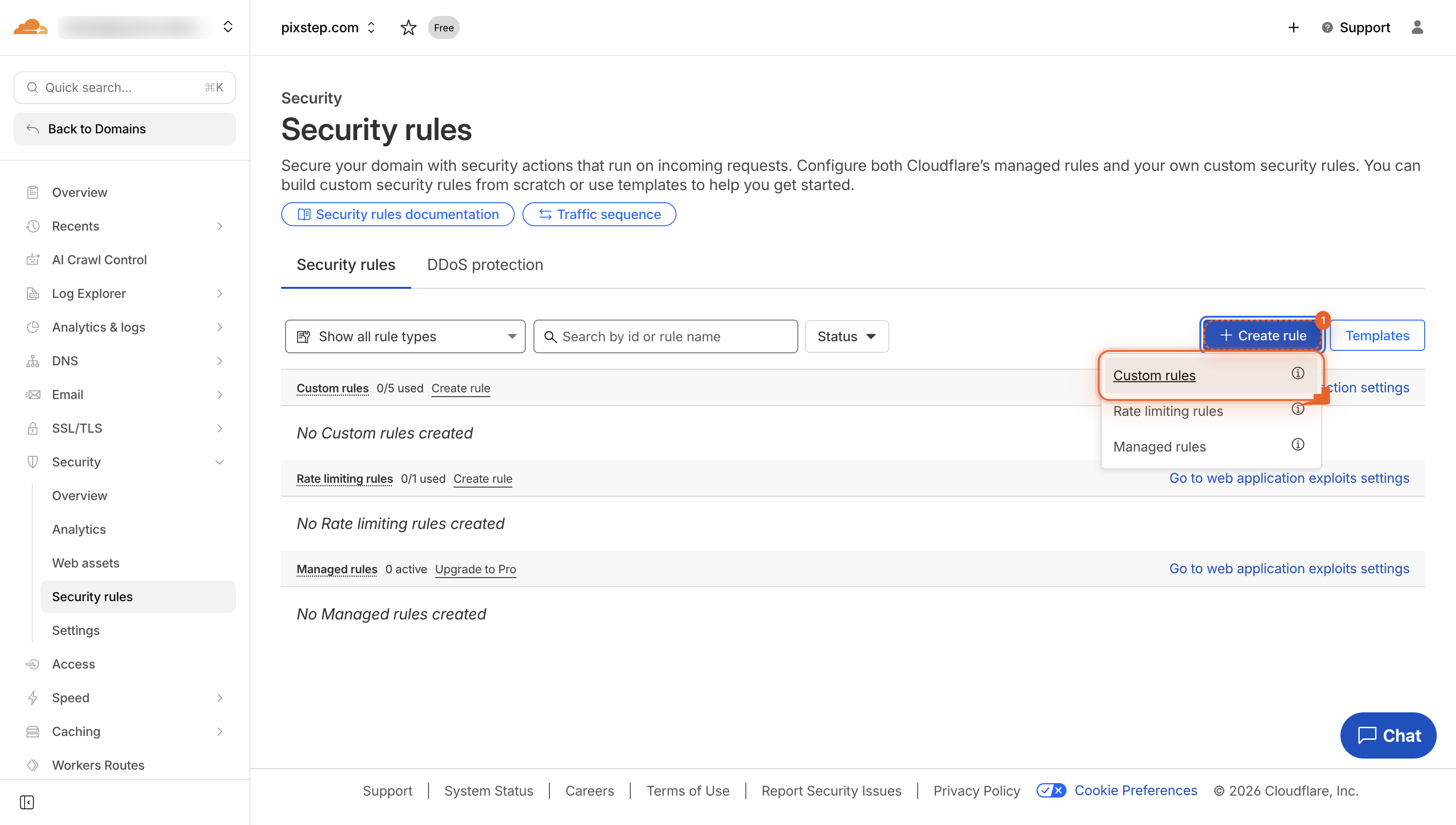 The Security Rules page with Custom rules, Rate limiting rules, and Managed rules tabs visible.