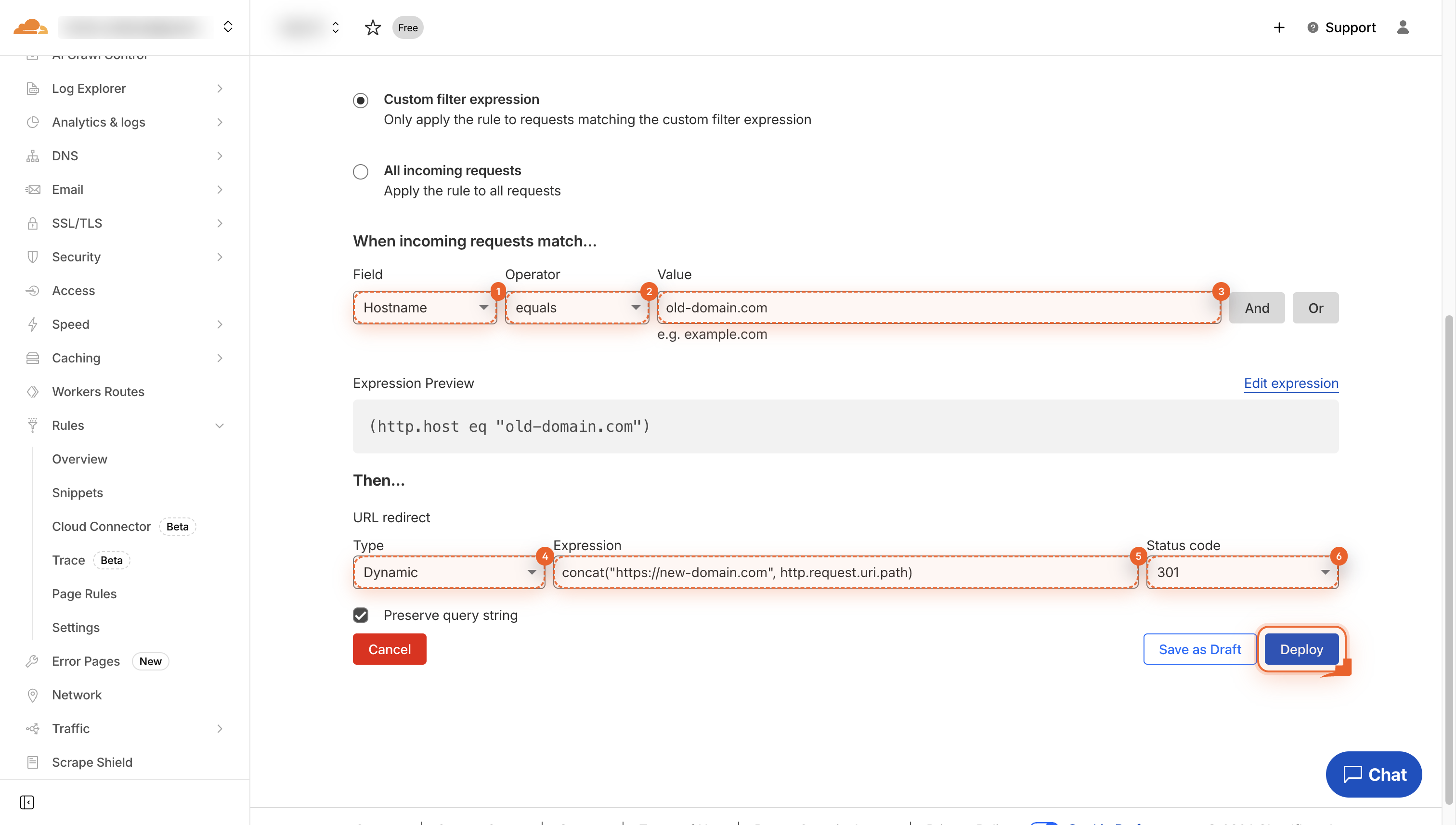 The Deploy button on the redirect rule form.