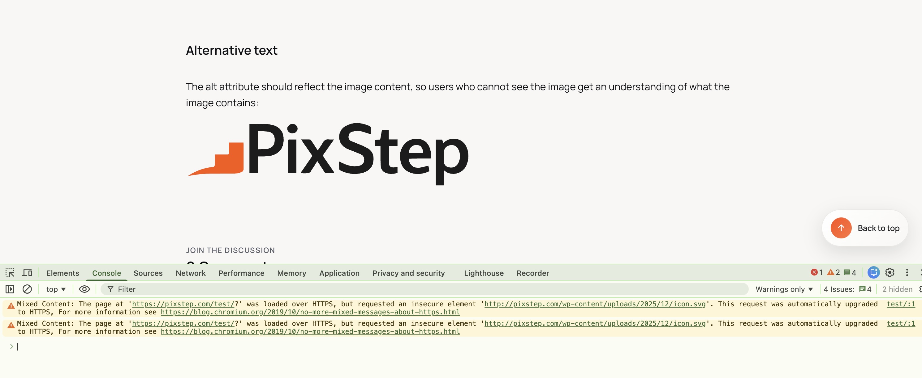 Browser console open showing a mixed content error.