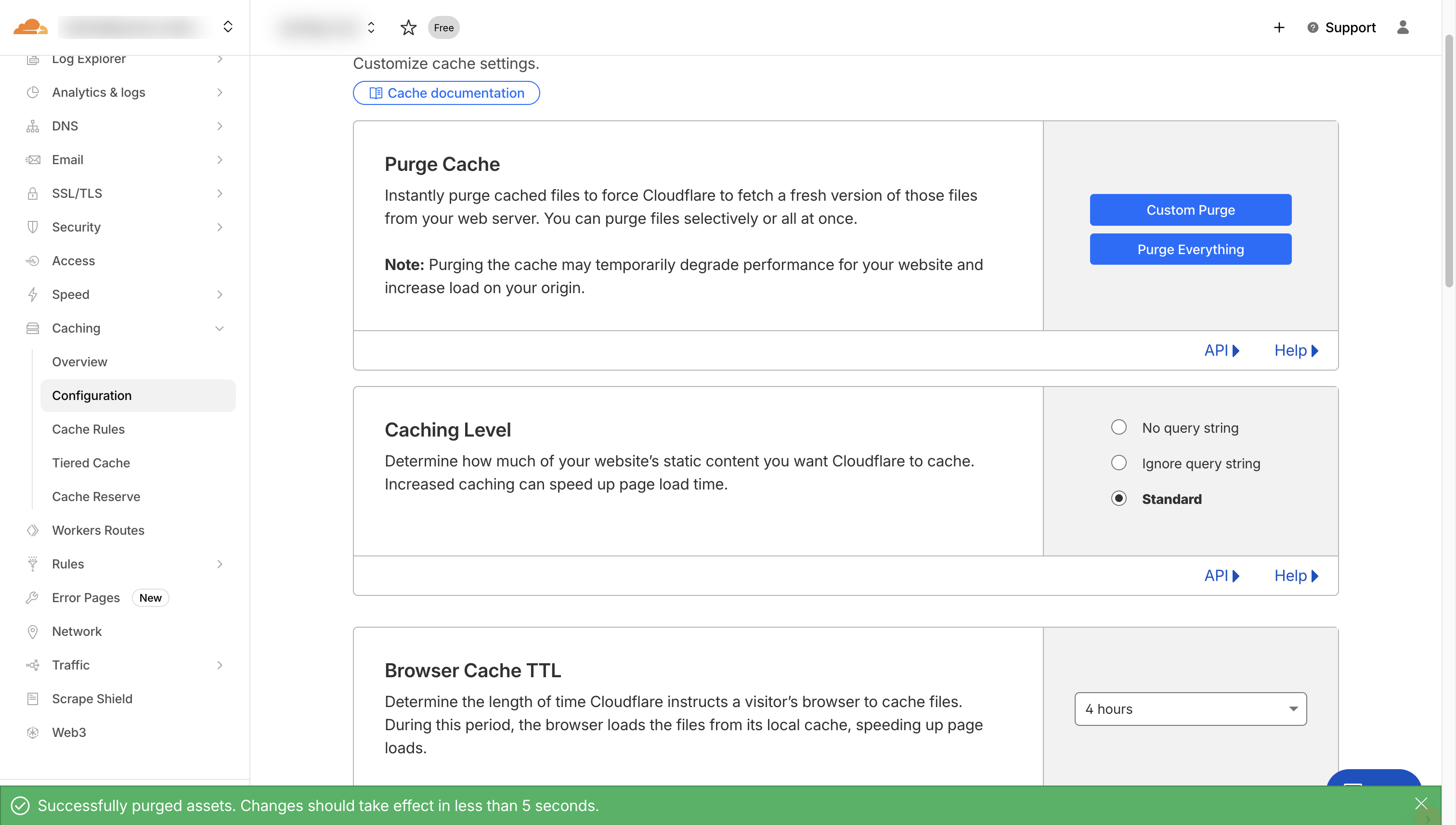 Cloudflare Caching Configuration page for pixstep.com.