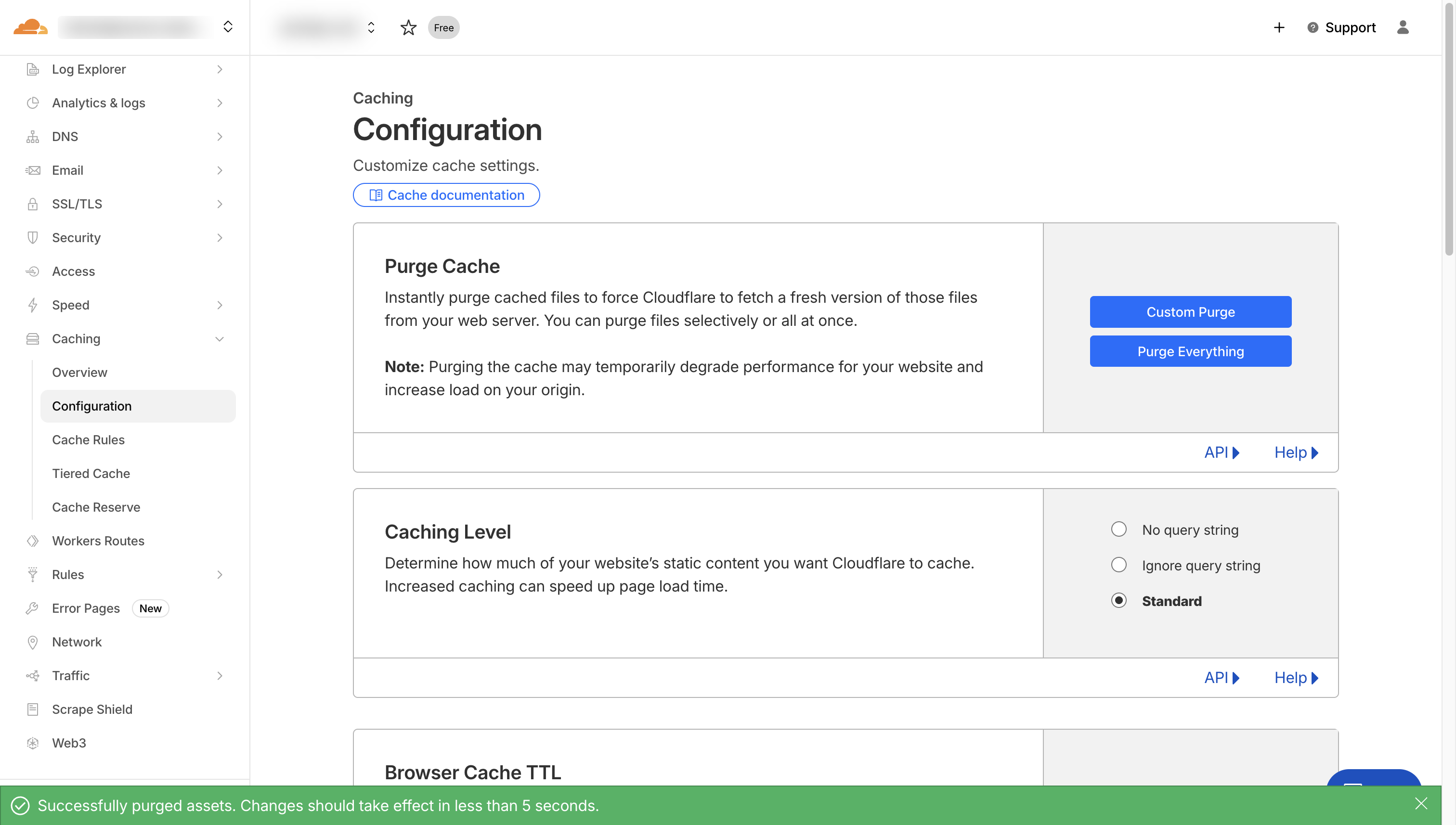 Cloudflare Caching Configuration page for pixstep.com.