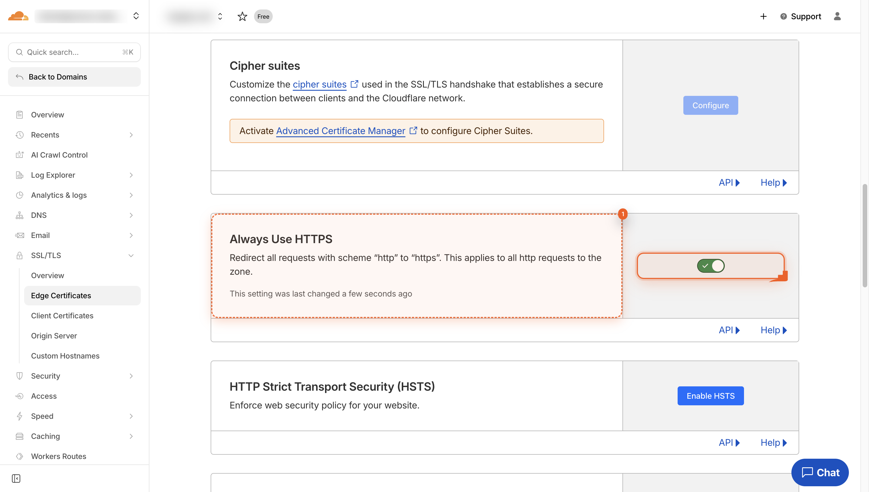 Screenshot shows the Always Use HTTPS toggle on the Cloudflare dashboard.