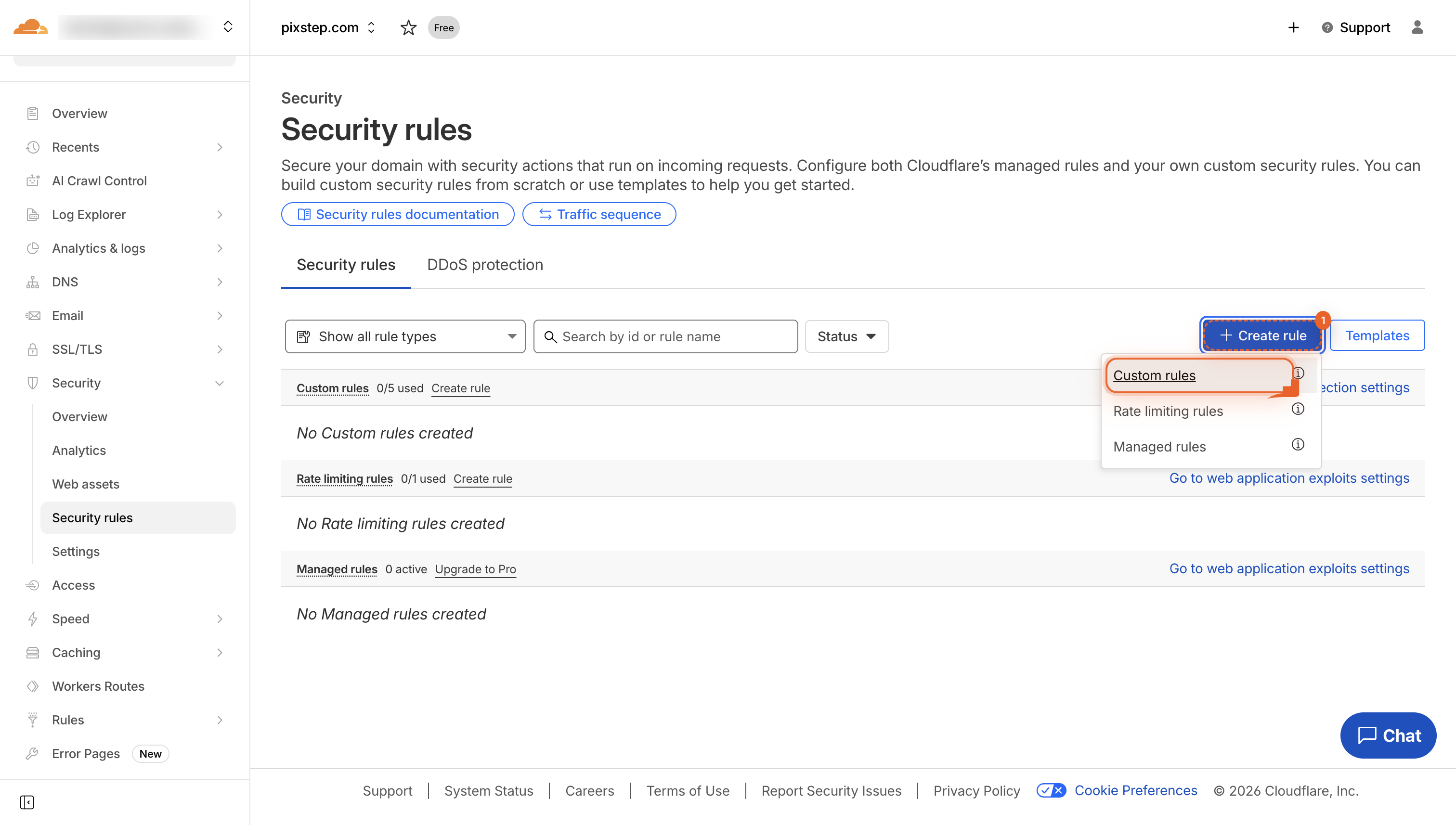 The Custom rules page with the blue Create rule button in the top-right corner.