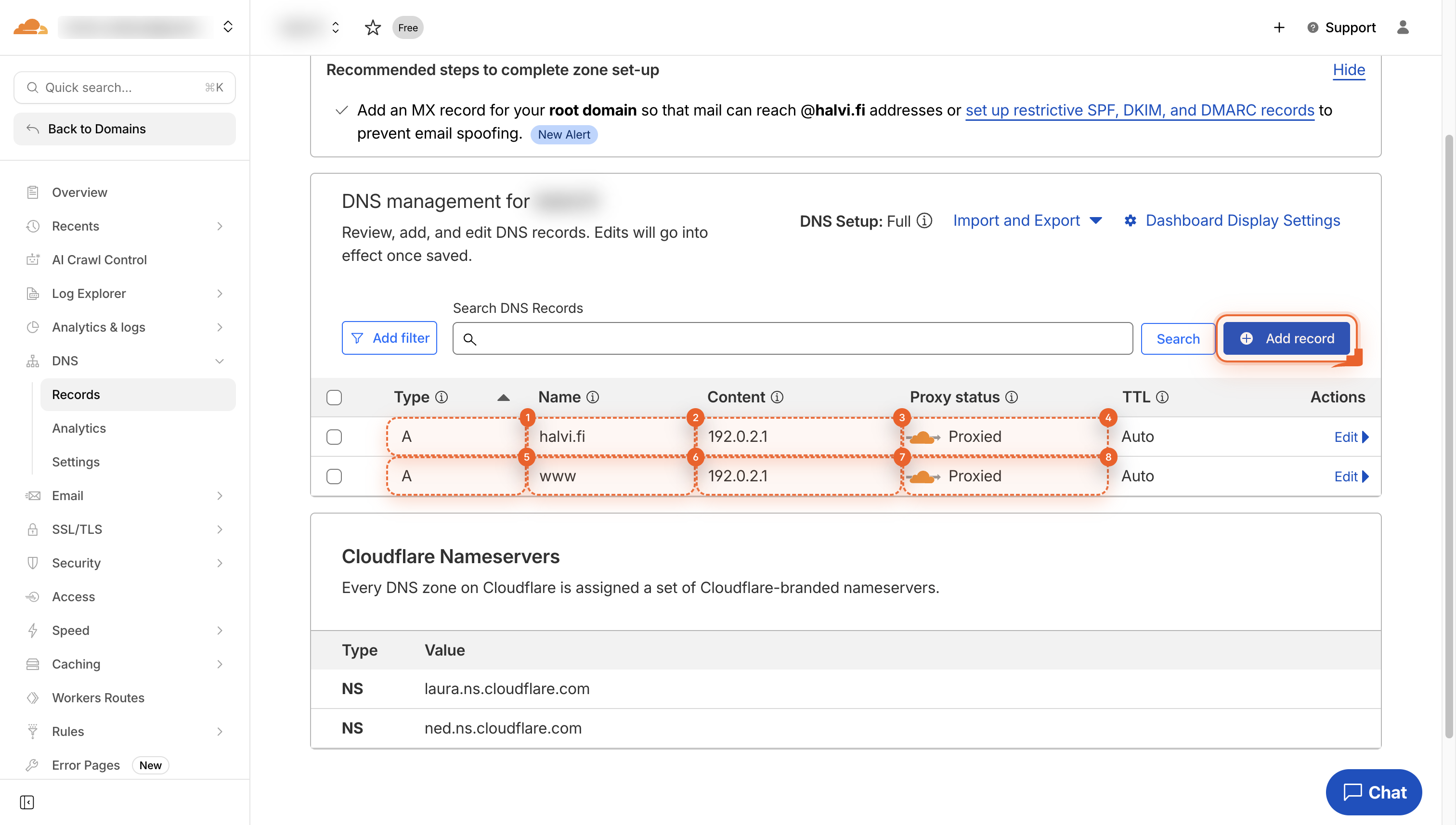 Cloudflare DNS page with Add record button near top right.