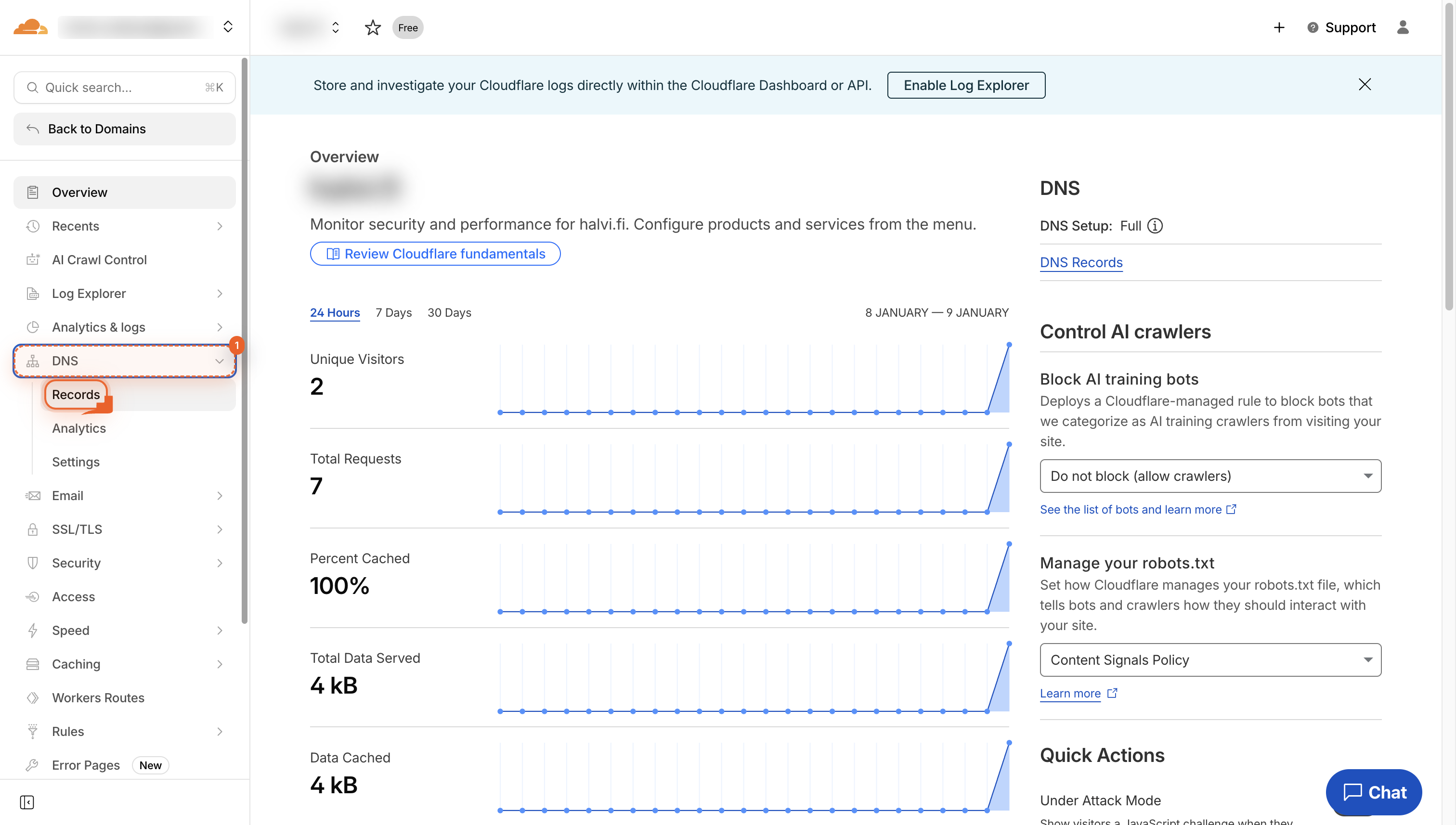 Cloudflare dashboard sidebar with DNS button highlighted.
