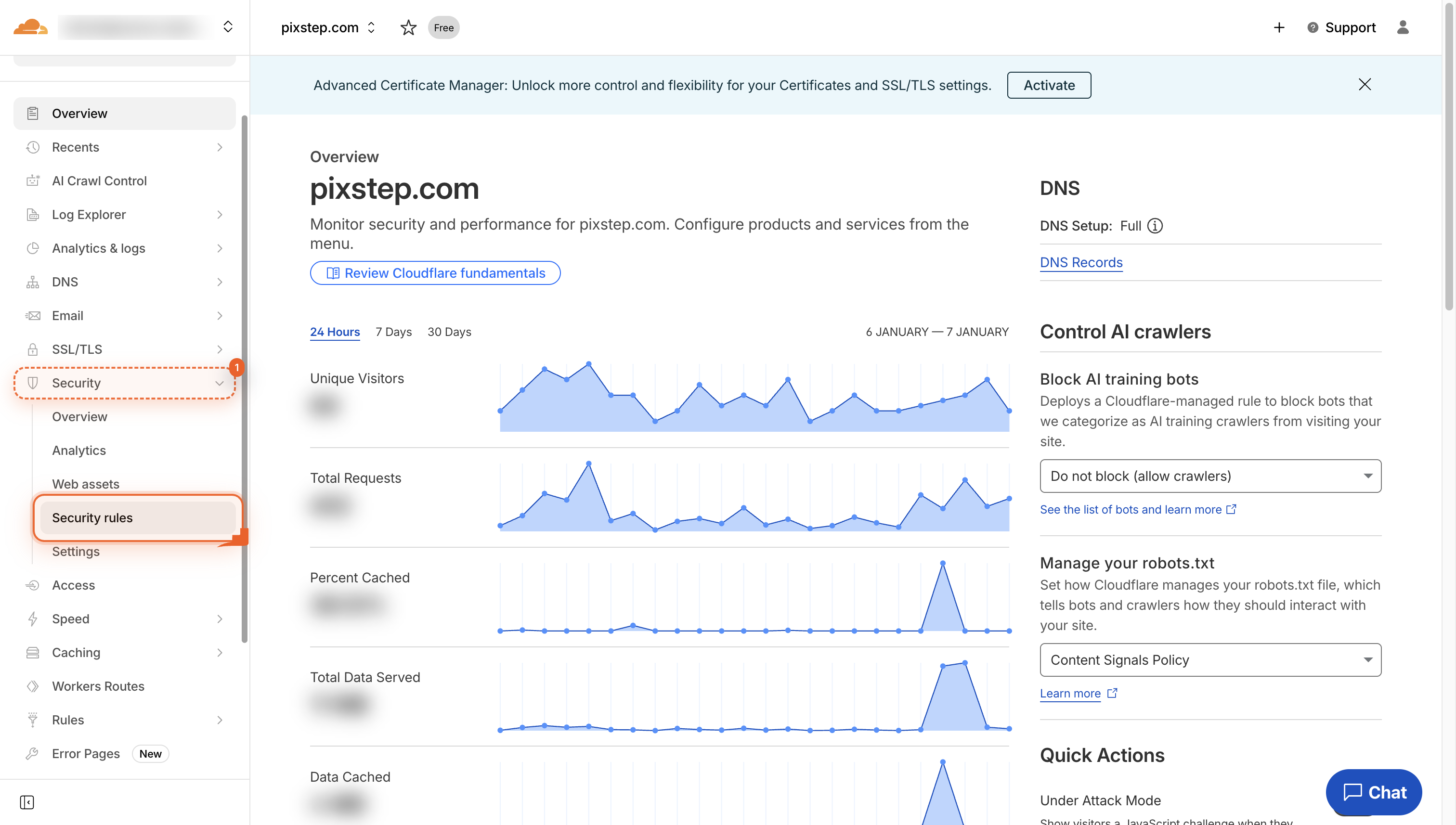 Cloudflare dashboard sidebar with Security button highlighted.