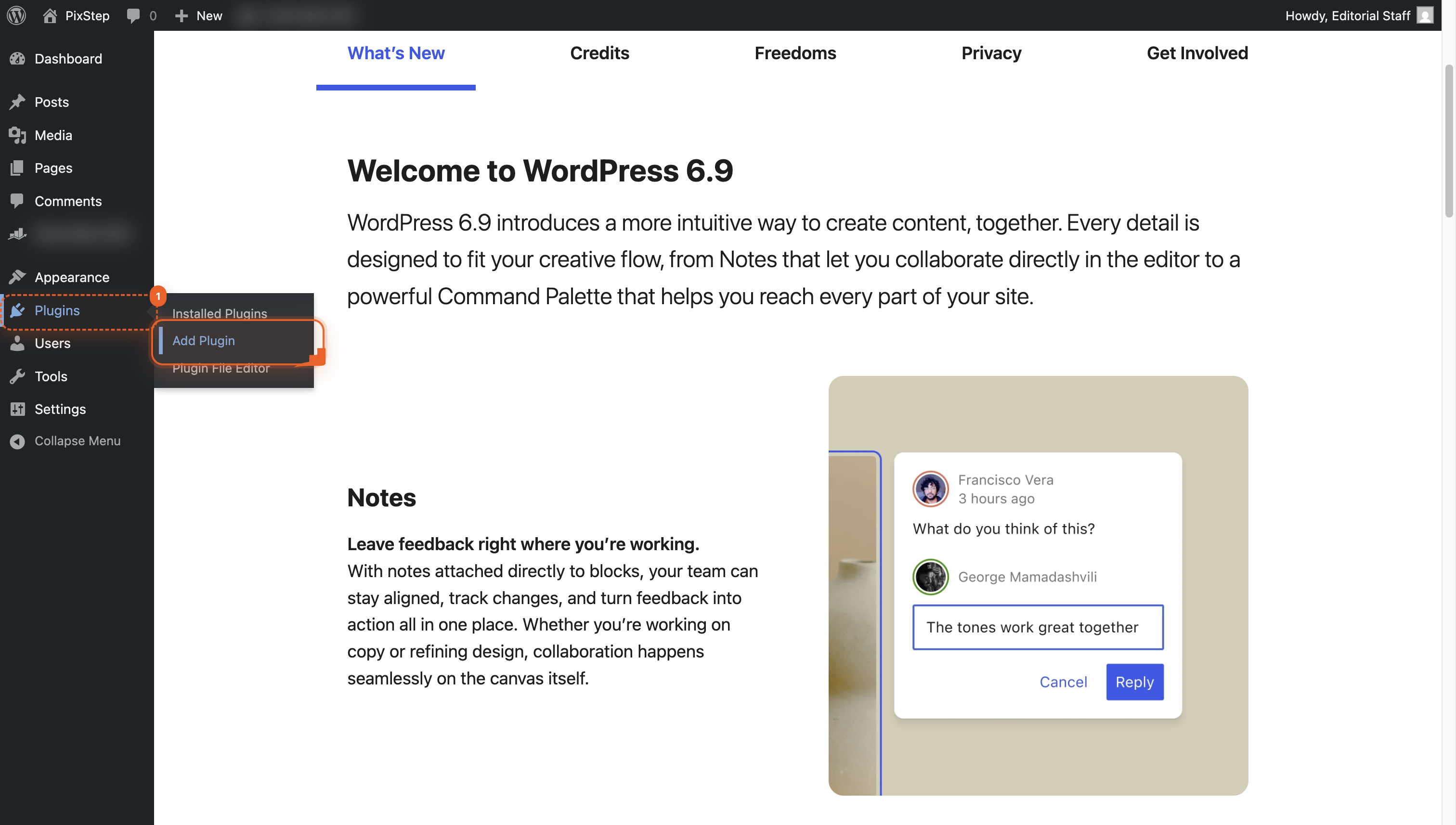 WordPress sidebar with Plugins section highlighted.