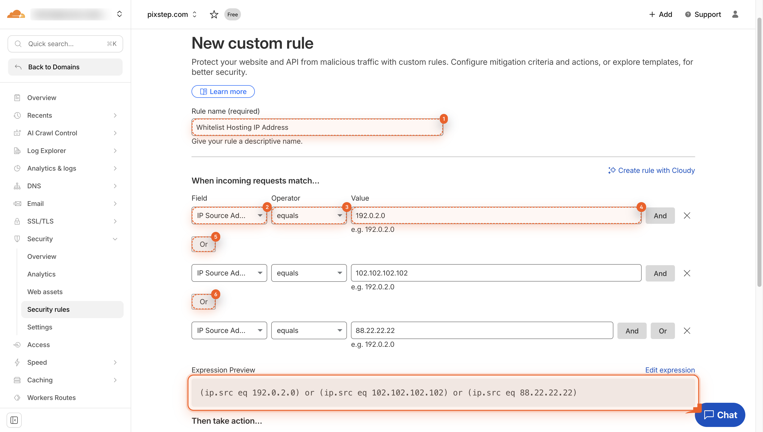 Form shows rule name field and IP condition builder with equals and Or buttons.