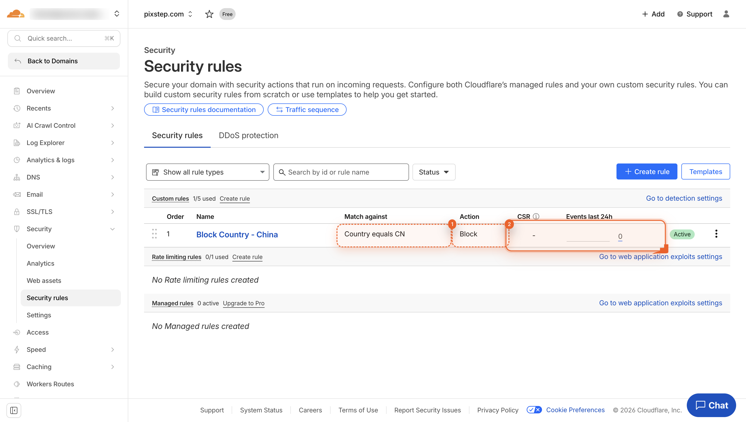 Security rules table row showing 'Country equals CN' and 'Block' in the Action column.