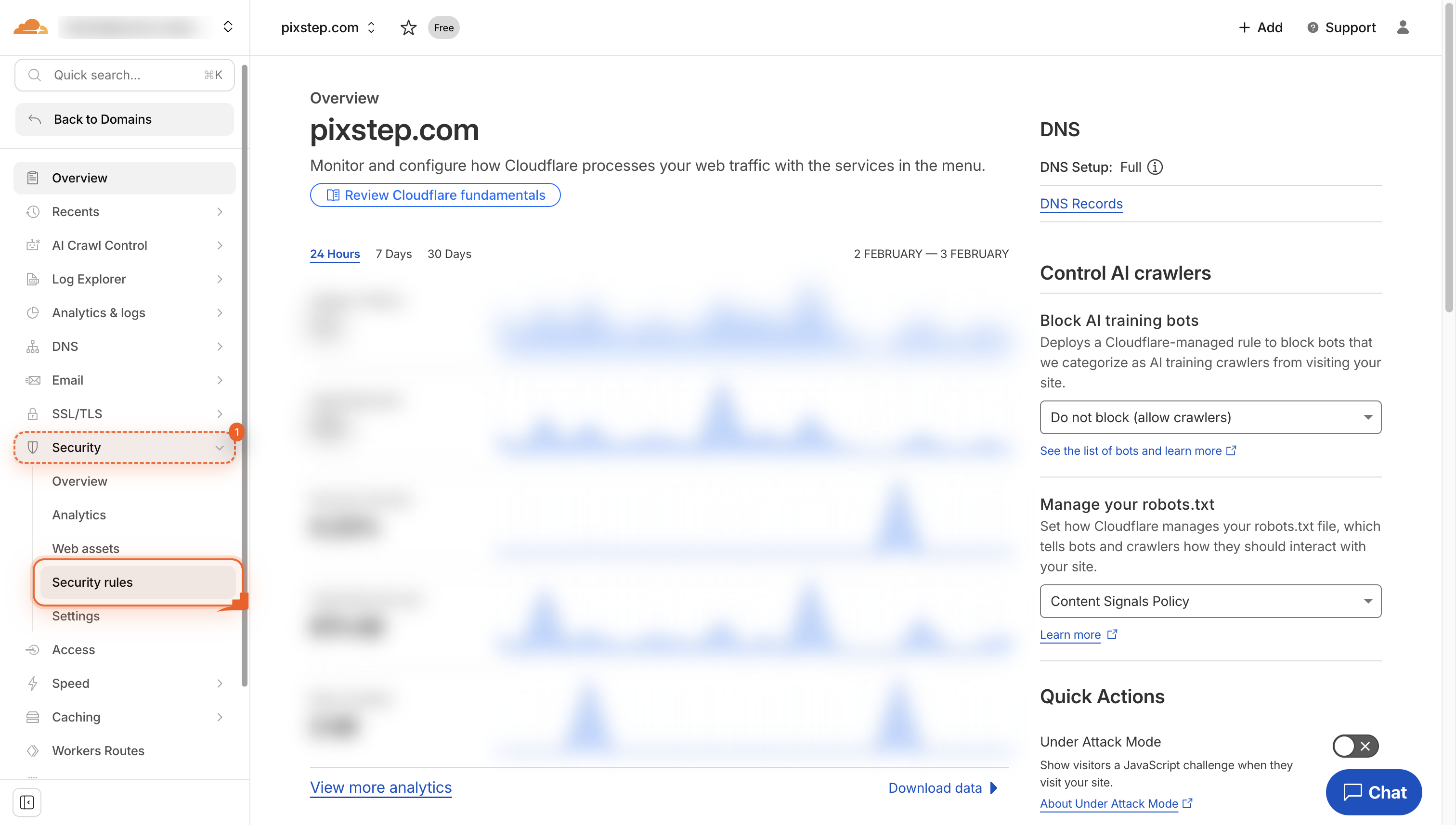 Cloudflare dashboard sidebar with Security rules link highlighted.