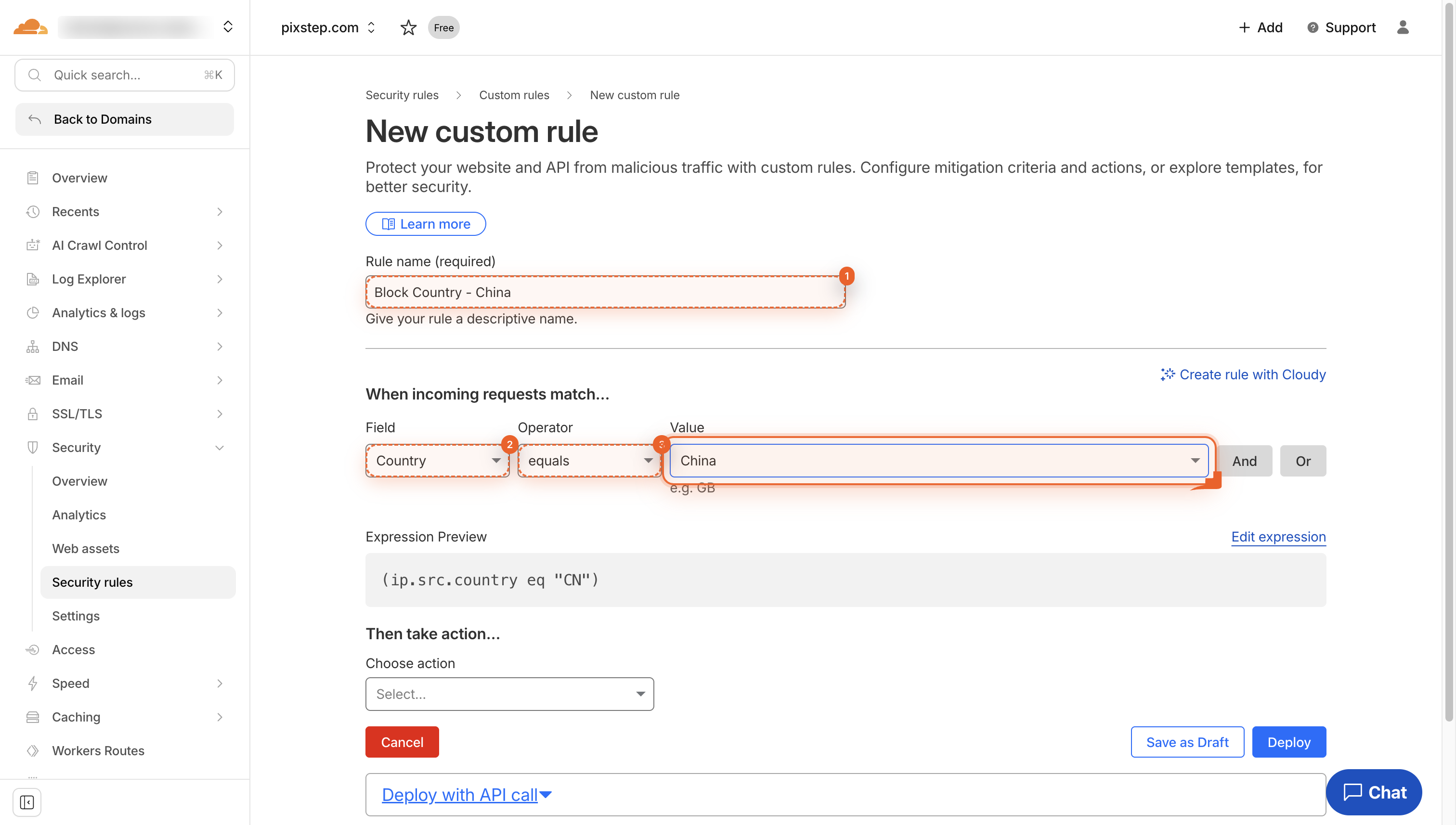 Form fields for rule name, Country dropdown, and equals option.