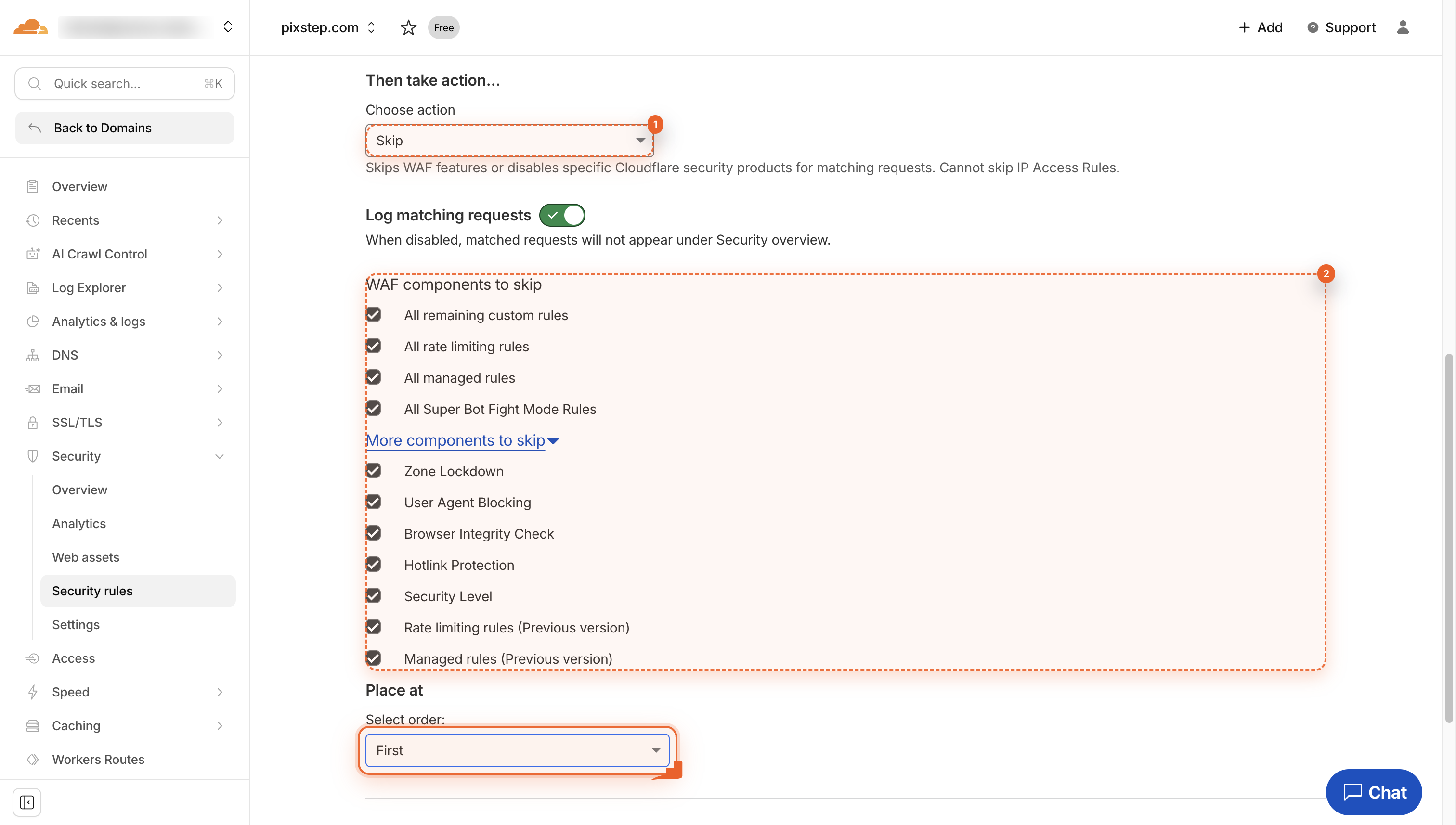 Form showing a Skip button and a list of WAF components to skip.