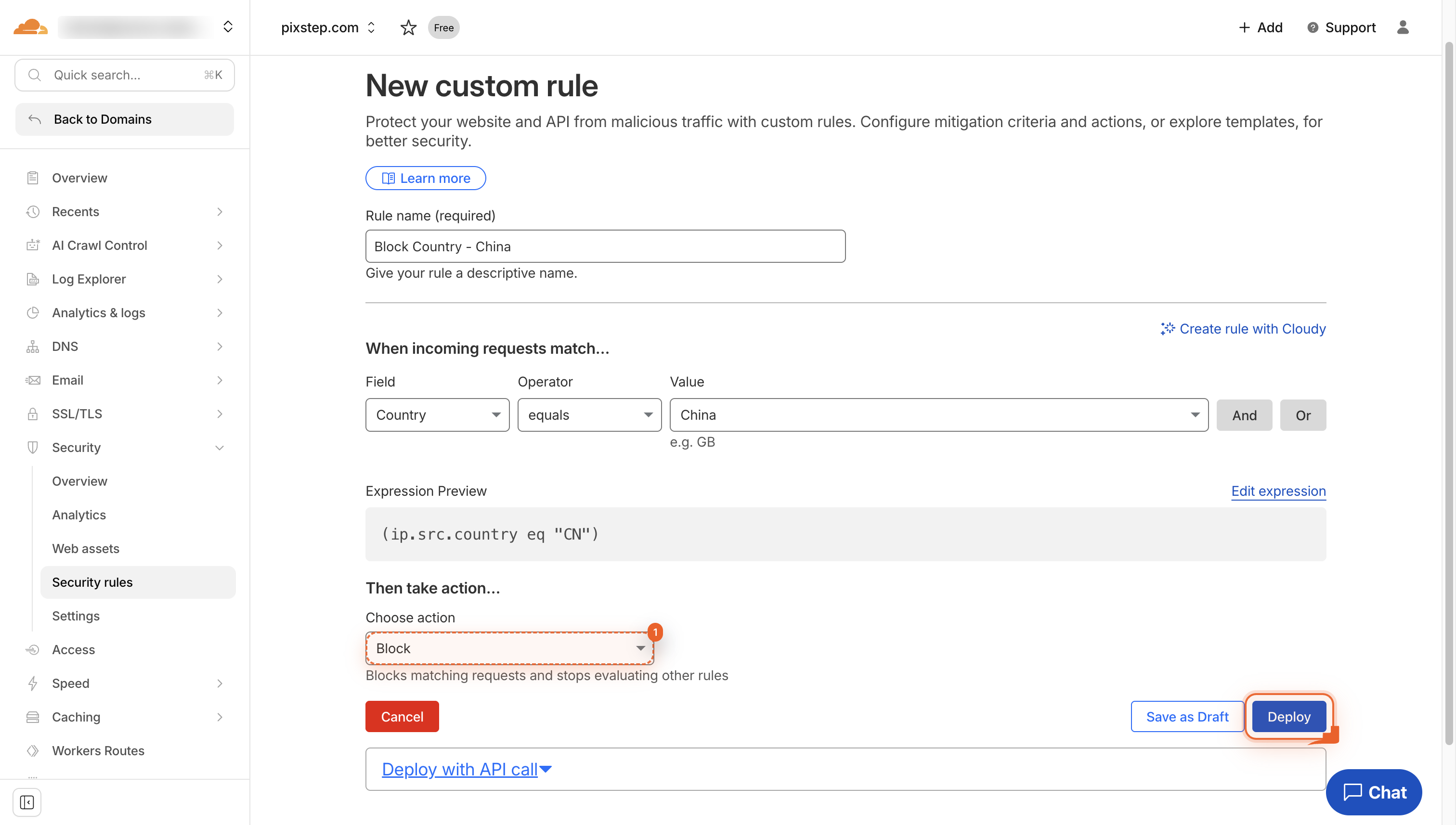 Deploy button next to Save as Draft on the rule page.