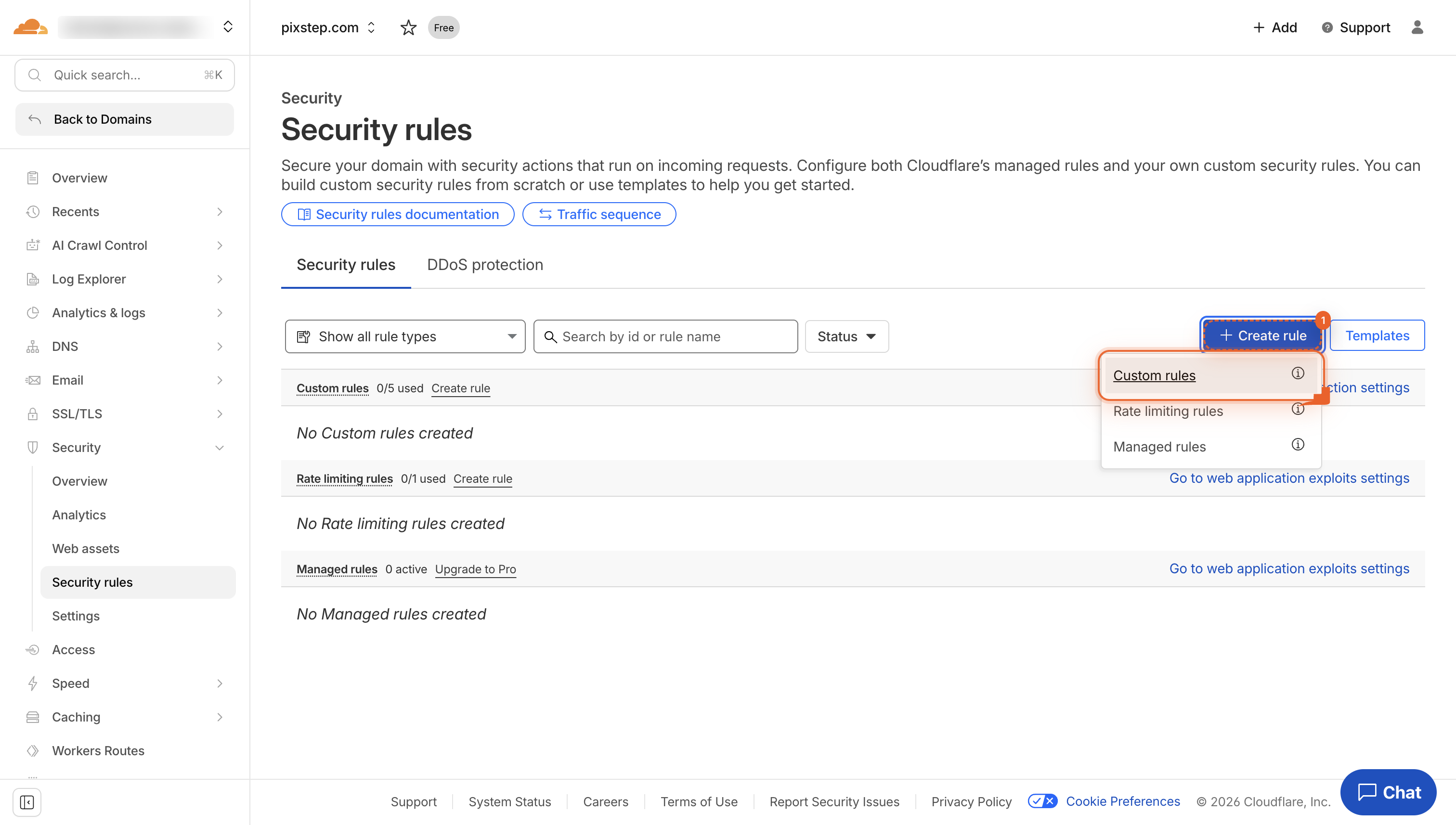 Security rules page showing Custom rules, Rate limiting rules, and Managed rules tabs.